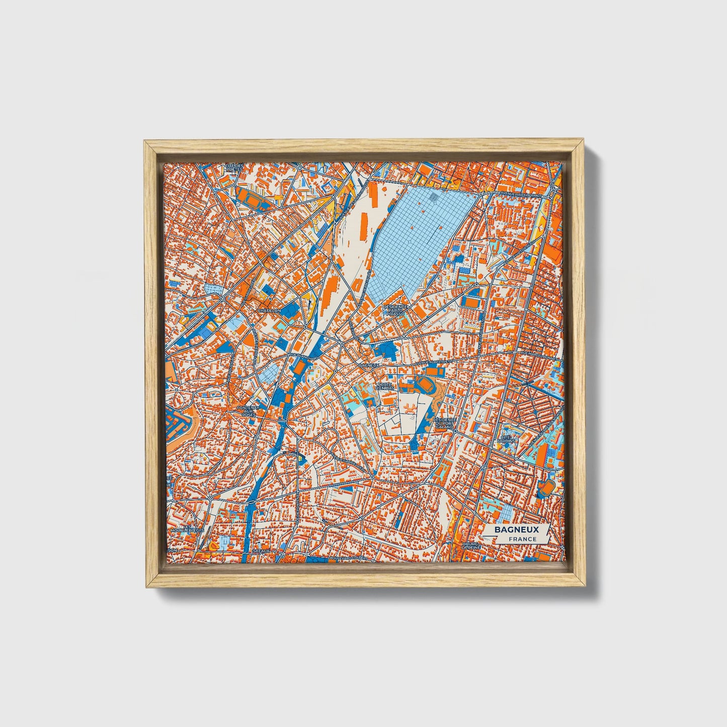 Bagneux France Colorful City Map Canvas Print • Natural Wooden Framed