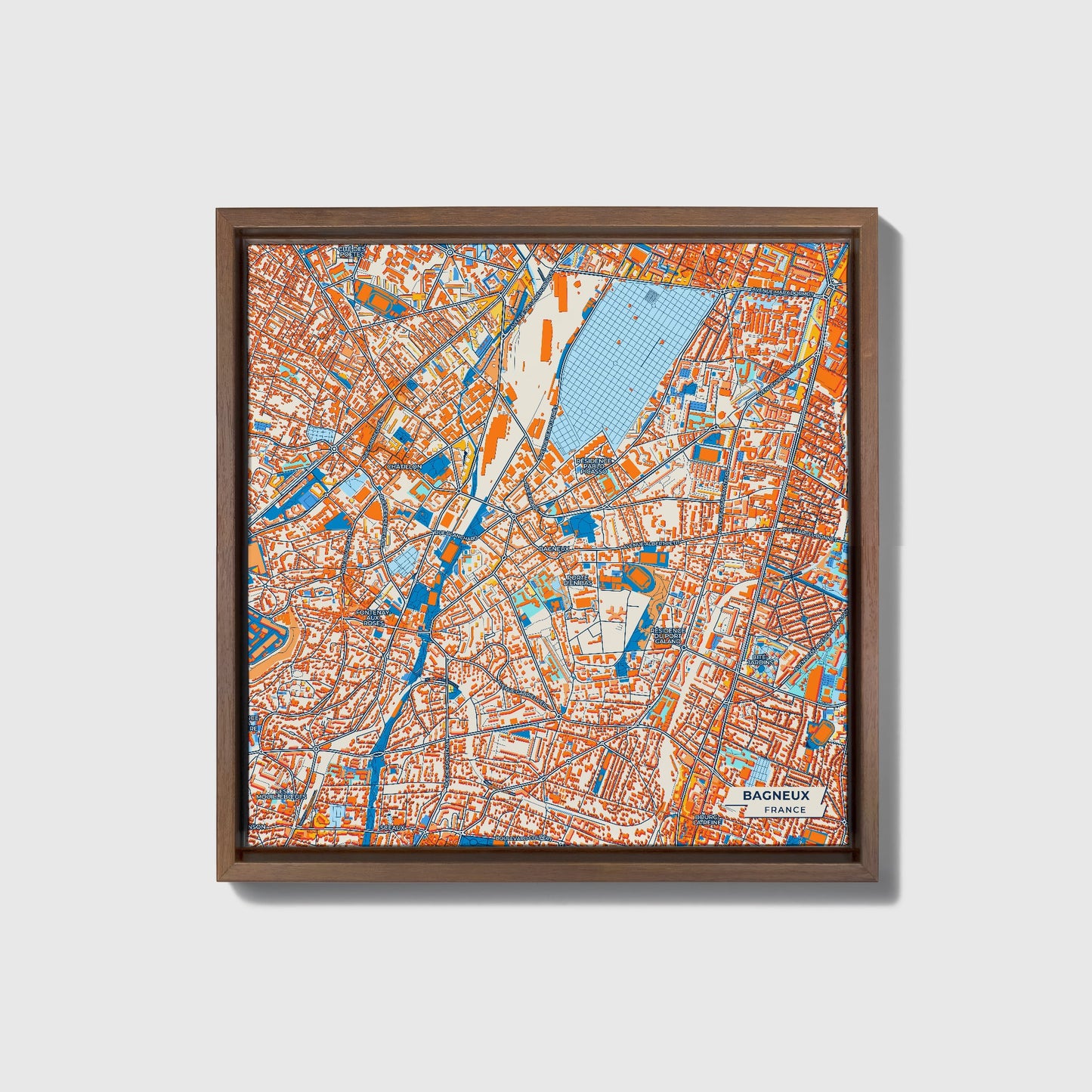 Bagneux France Colorful City Map Canvas Print • Dark Wooden Framed