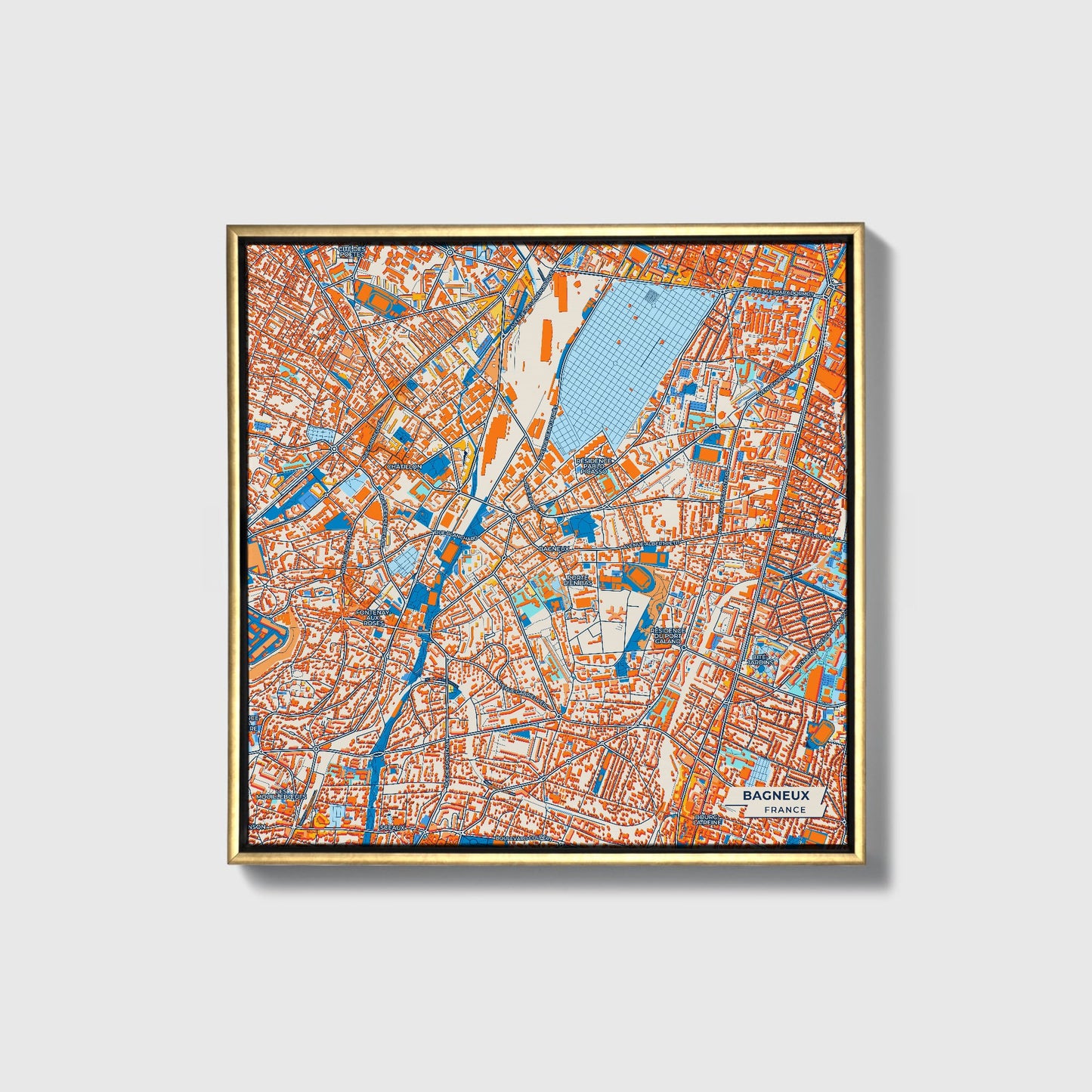 Bagneux France Colorful City Map Canvas Print • Gold Framed