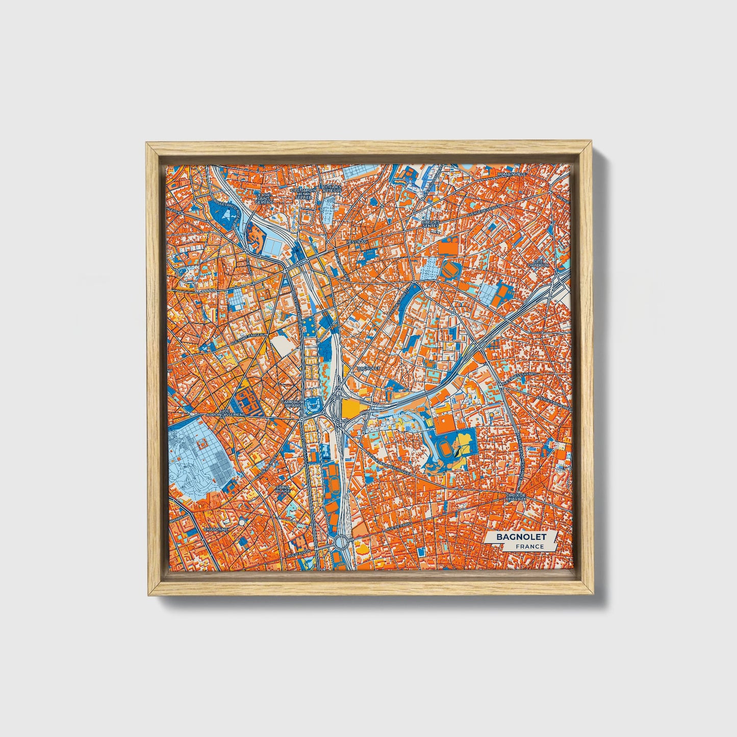 Bagnolet France Colorful City Map Canvas Print • Natural Wooden Framed