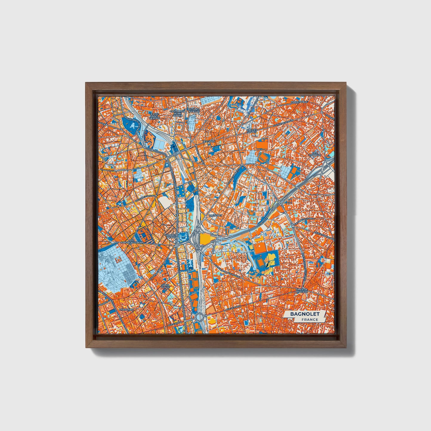 Bagnolet France Colorful City Map Canvas Print • Dark Wooden Framed