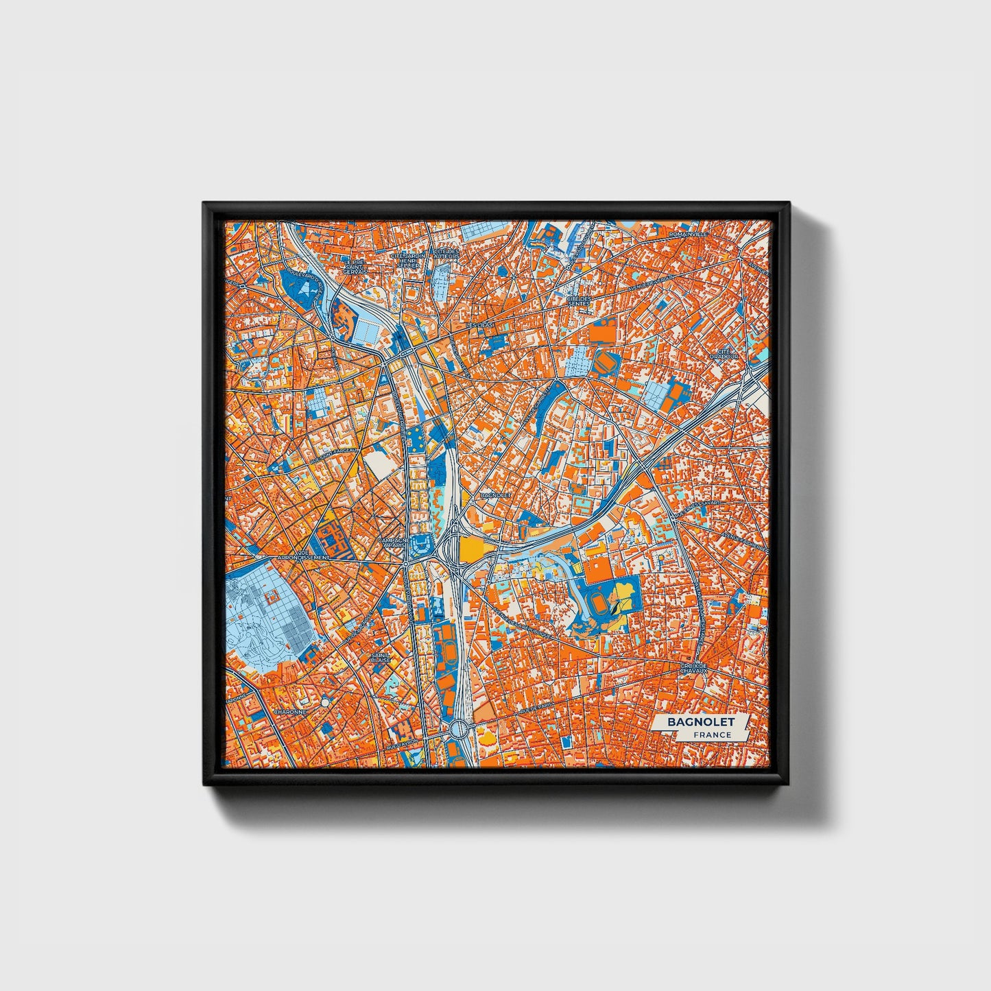 Bagnolet France Colorful City Map Canvas Print • Black Framed
