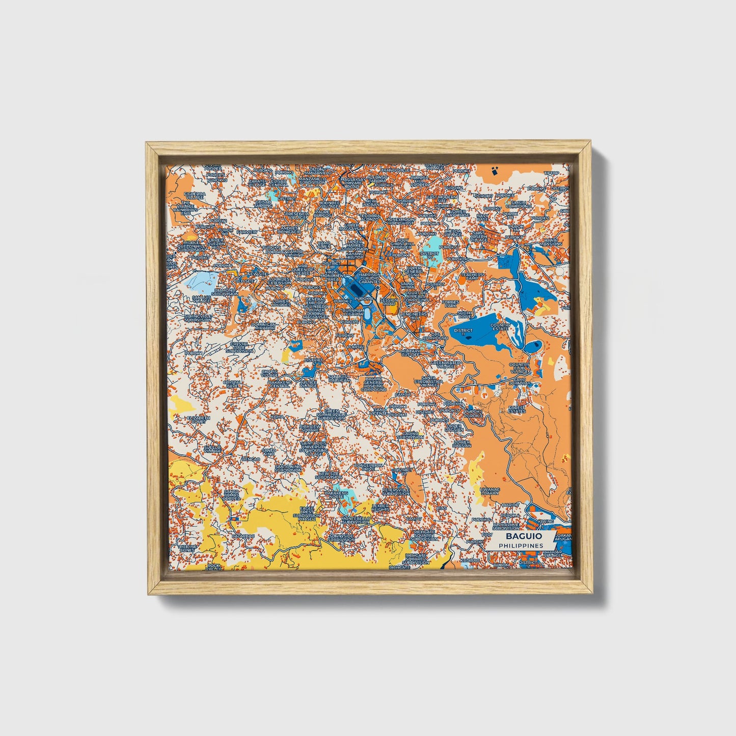 Baguio Philippines Colorful City Map Canvas Print • Natural Wooden Framed