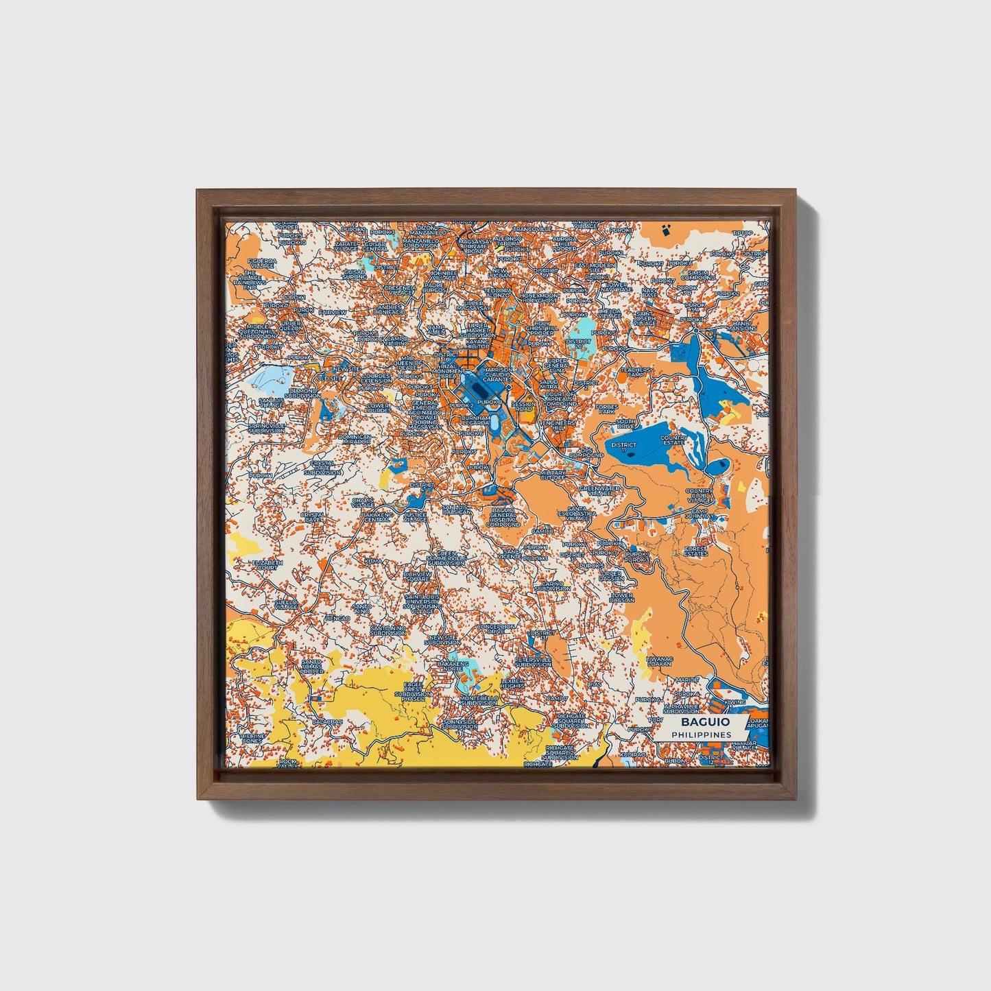 Baguio Philippines Colorful City Map Canvas Print • Dark Wooden Framed