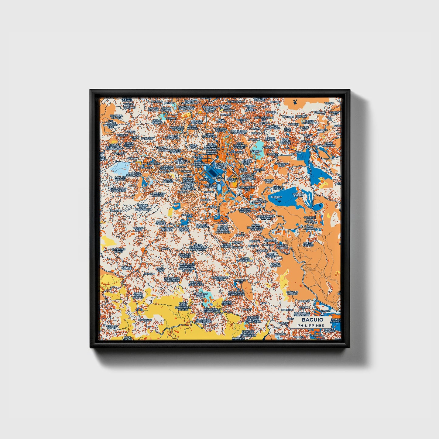 Baguio Philippines Colorful City Map Canvas Print • Black Framed