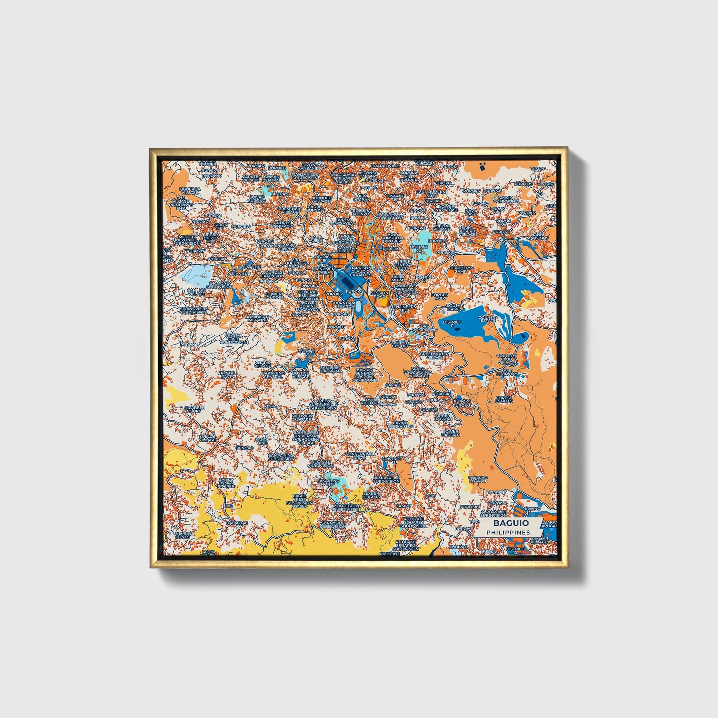Baguio Philippines Colorful City Map Canvas Print • Gold Framed