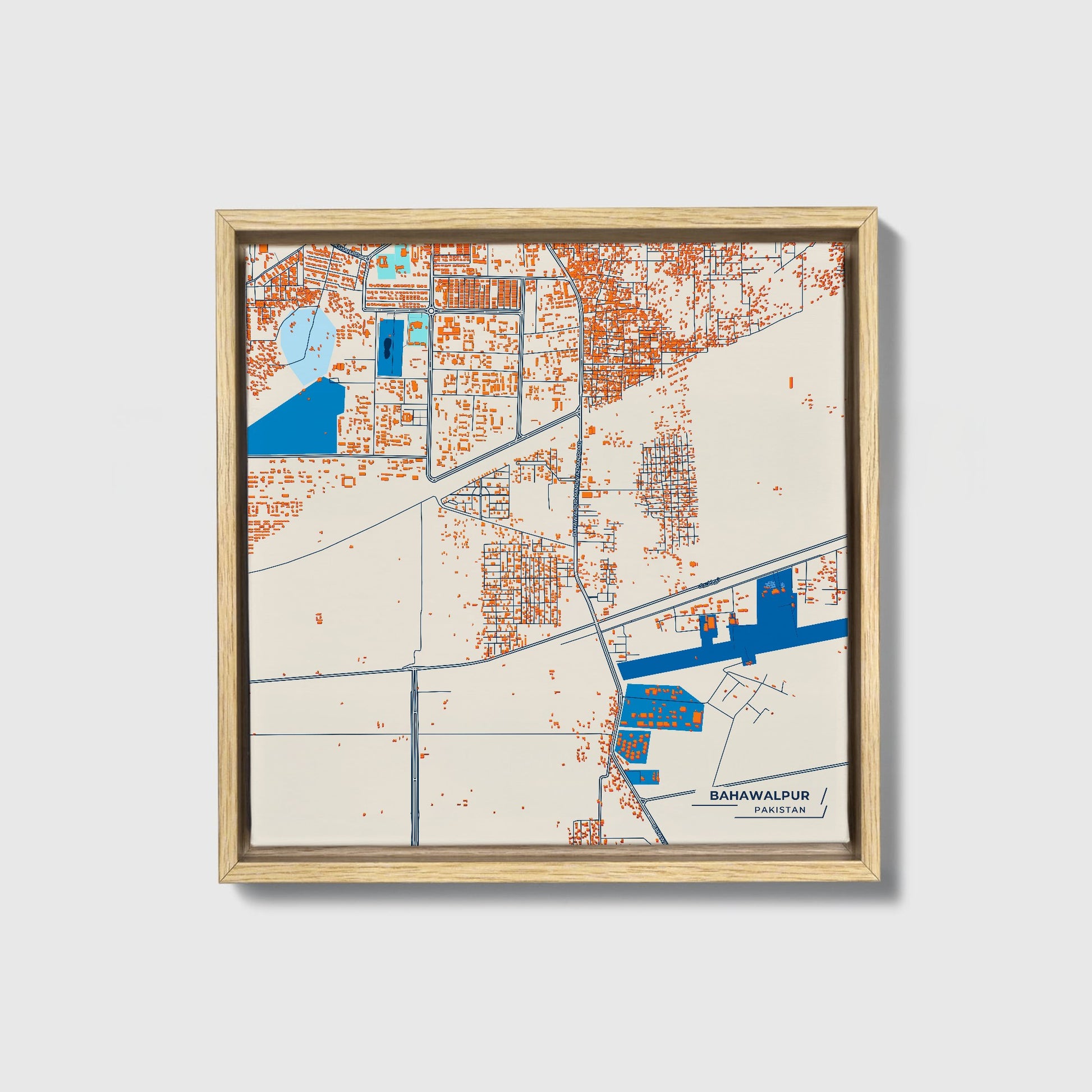 Bahawalpur Pakistan Colorful City Map Canvas Print • Natural Wooden Framed