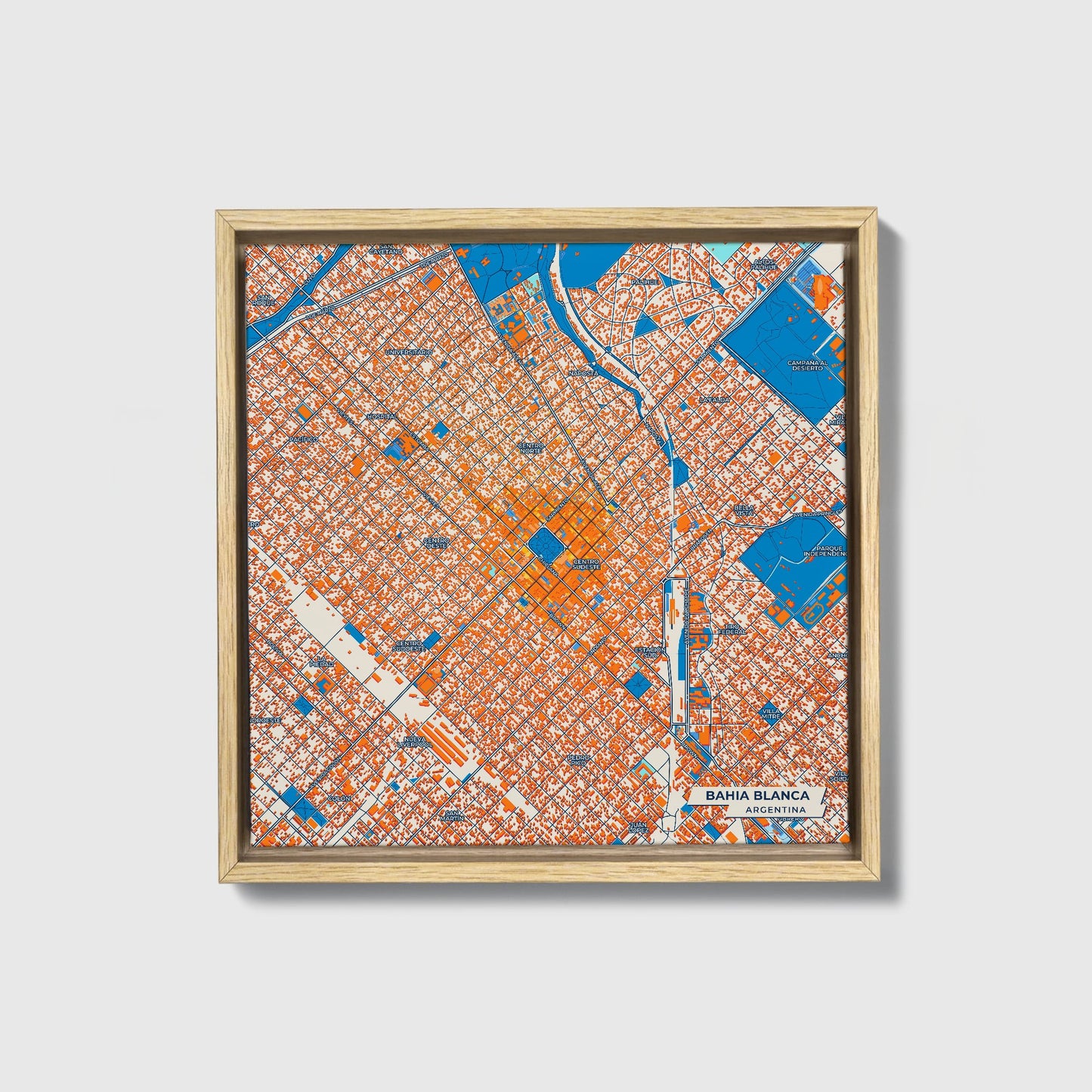 Bahia Blanca Argentina Colorful City Map Canvas Print • Natural Wooden Framed