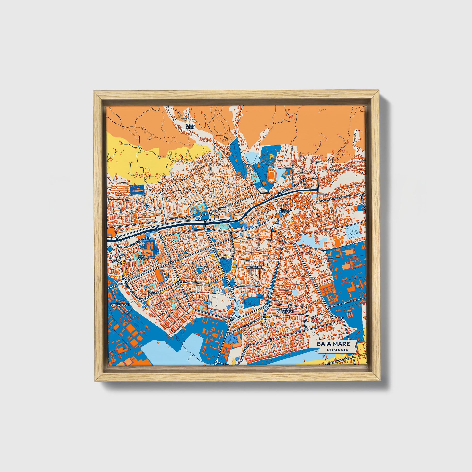 Baia Mare Romania Colorful City Map Canvas Print • Natural Wooden Framed