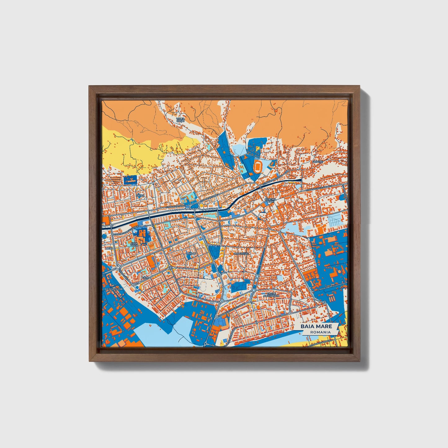 Baia Mare Romania Colorful City Map Canvas Print • Dark Wooden Framed
