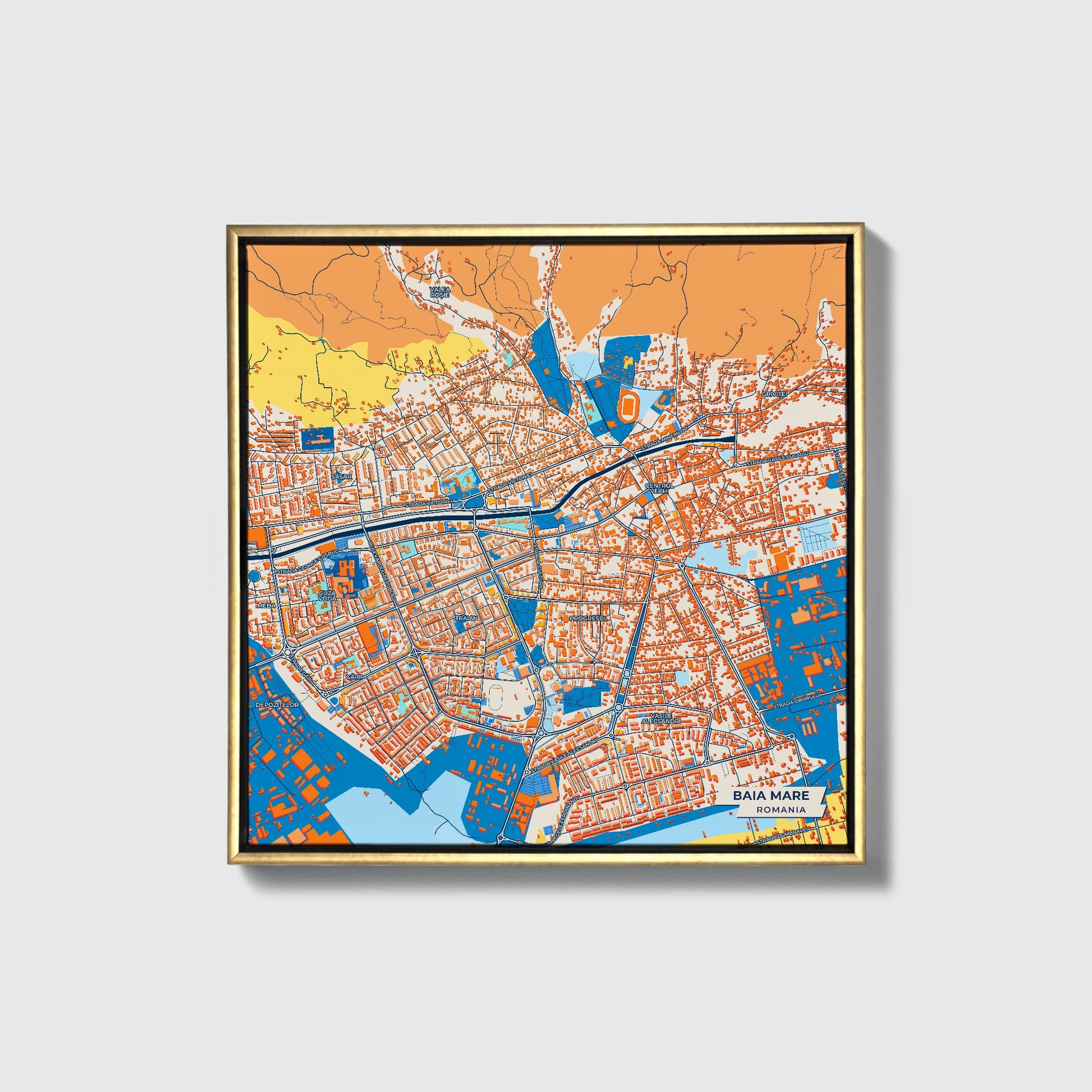 Baia Mare Romania Colorful City Map Canvas Print • Gold Framed