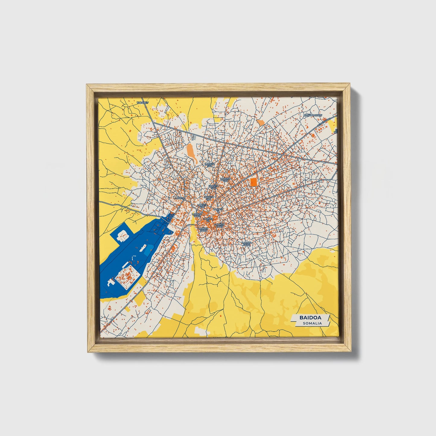 Baidoa Somalia Colorful City Map Canvas Print • Natural Wooden Framed