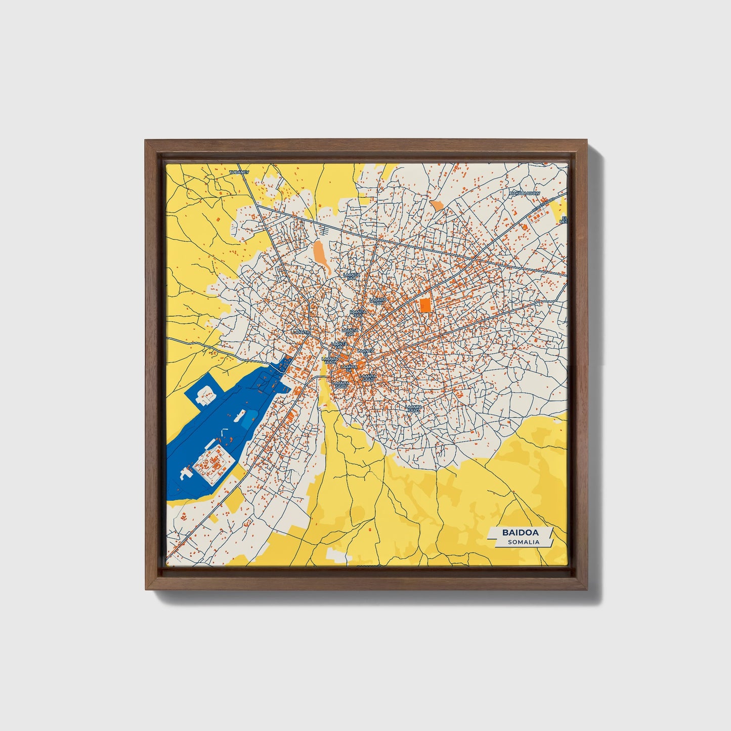 Baidoa Somalia Colorful City Map Canvas Print • Dark Wooden Framed