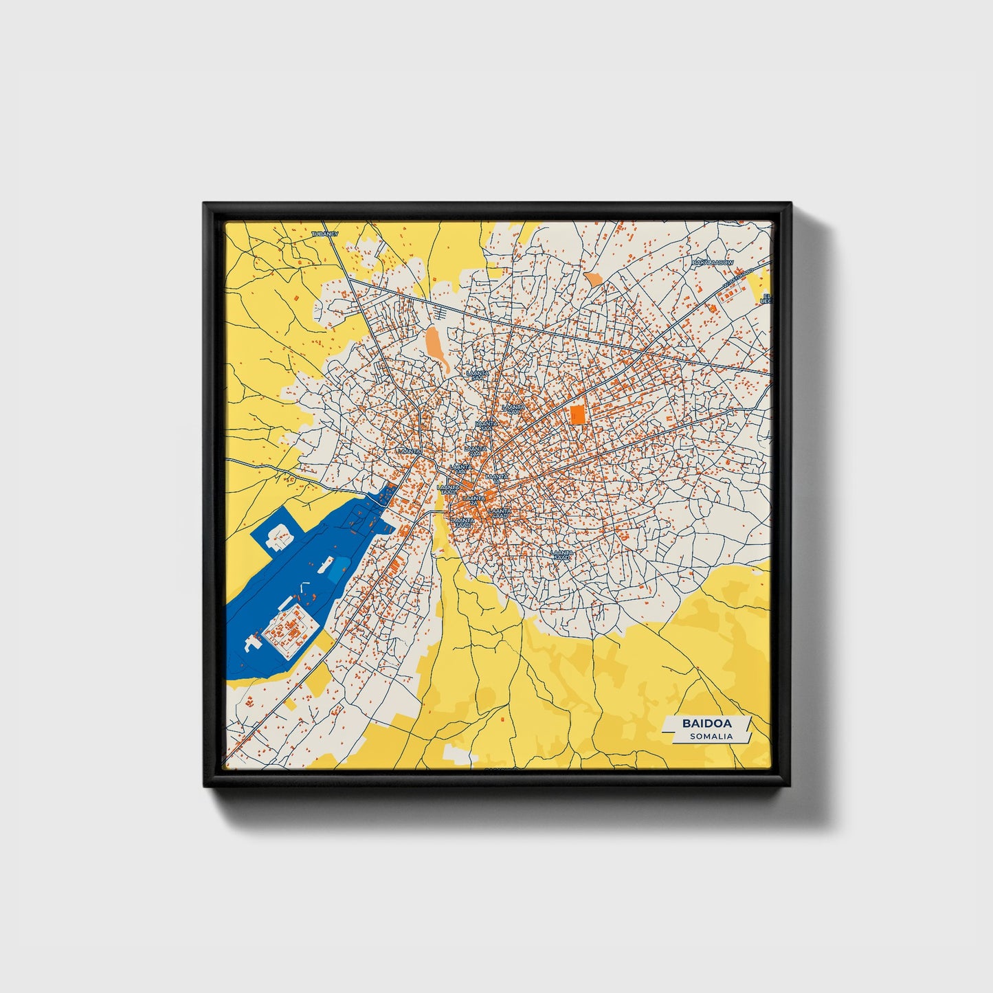 Baidoa Somalia Colorful City Map Canvas Print • Black Framed