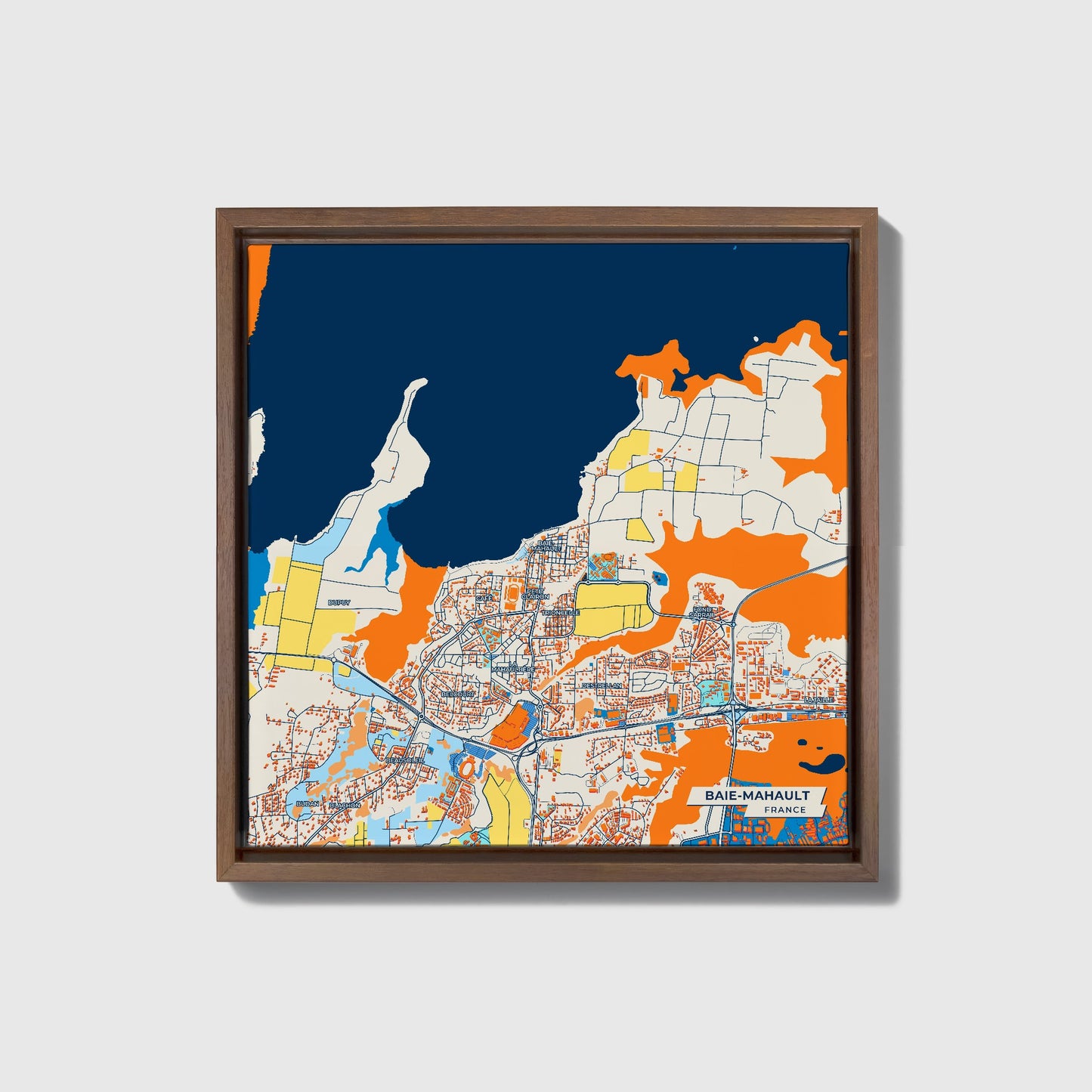 Baie-Mahault France Colorful City Map Canvas Print • Dark Wooden Framed