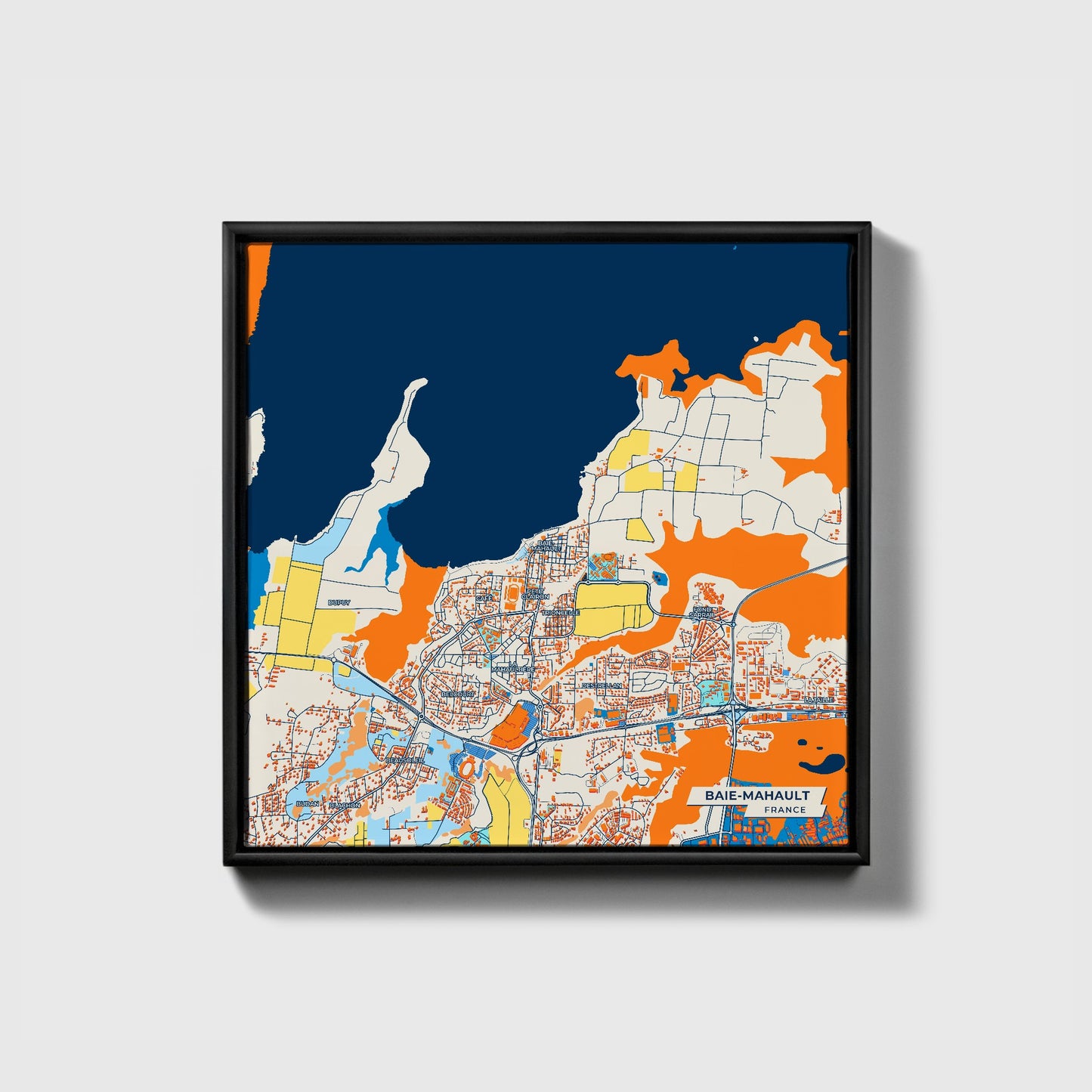 Baie-Mahault France Colorful City Map Canvas Print • Black Framed