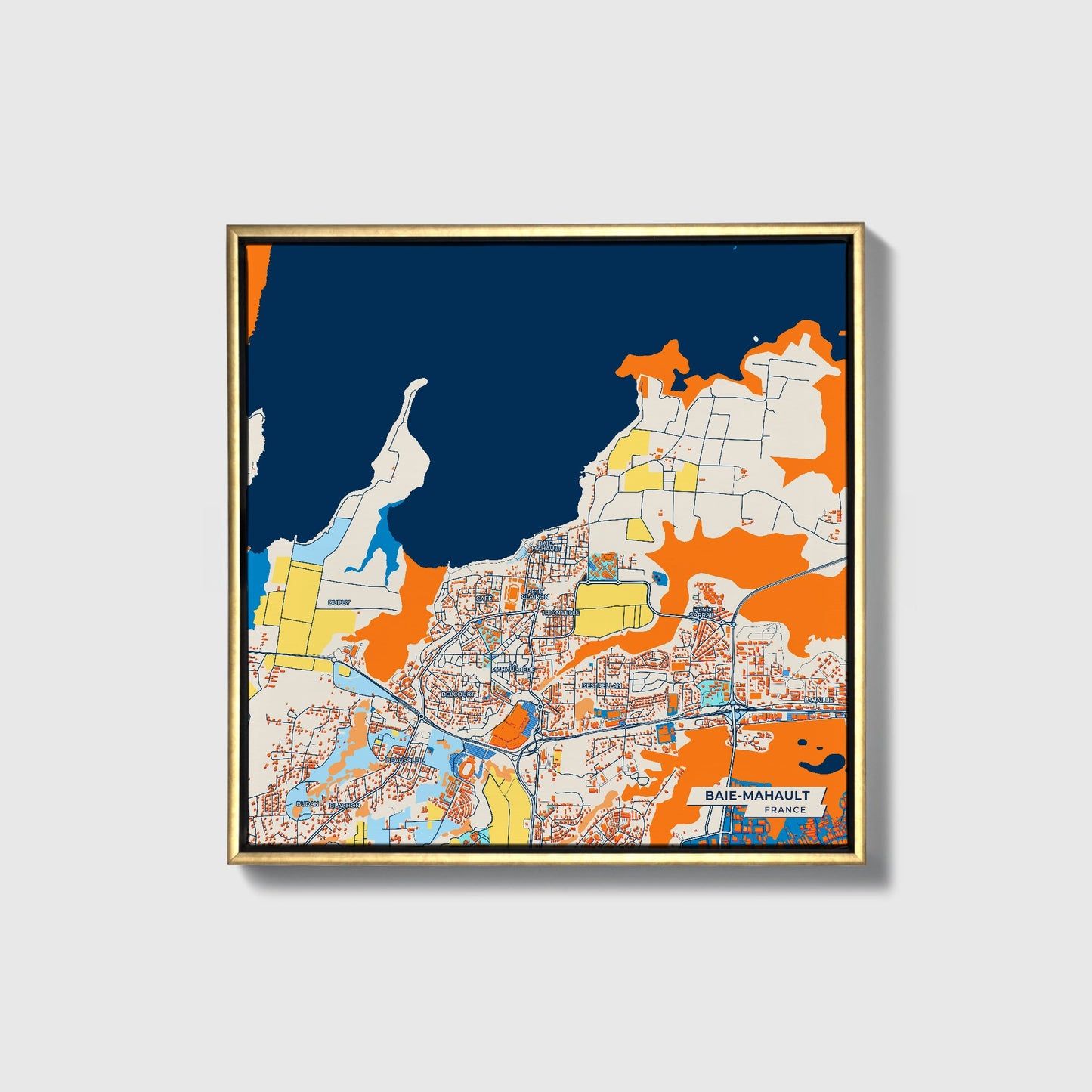 Baie-Mahault France Colorful City Map Canvas Print • Gold Framed