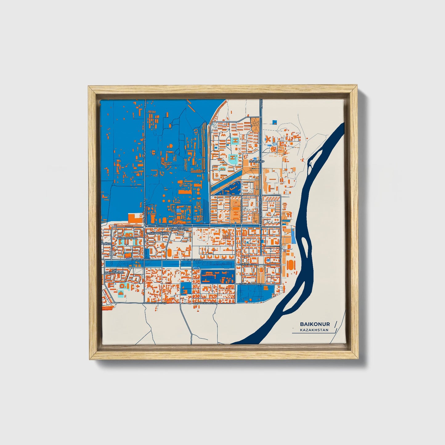 Baikonur Kazakhstan Colorful City Map Canvas Print • Natural Wooden Framed