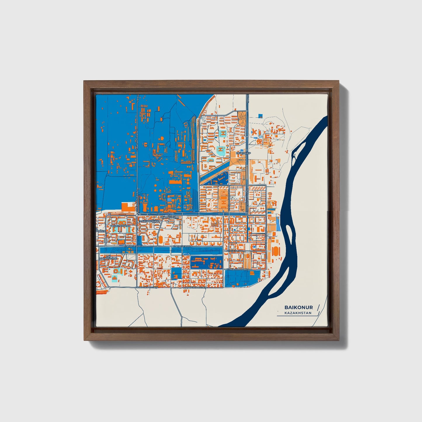 Baikonur Kazakhstan Colorful City Map Canvas Print • Dark Wooden Framed