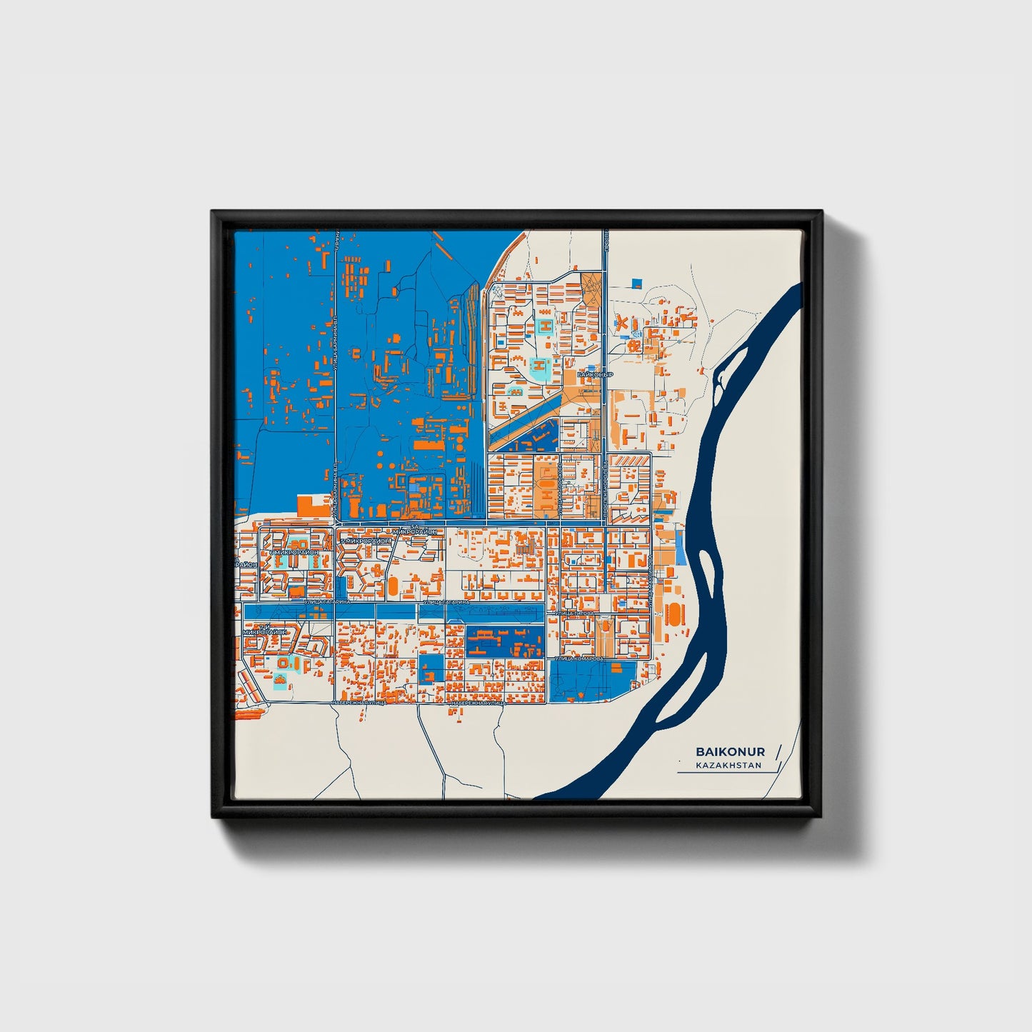 Baikonur Kazakhstan Colorful City Map Canvas Print • Black Framed