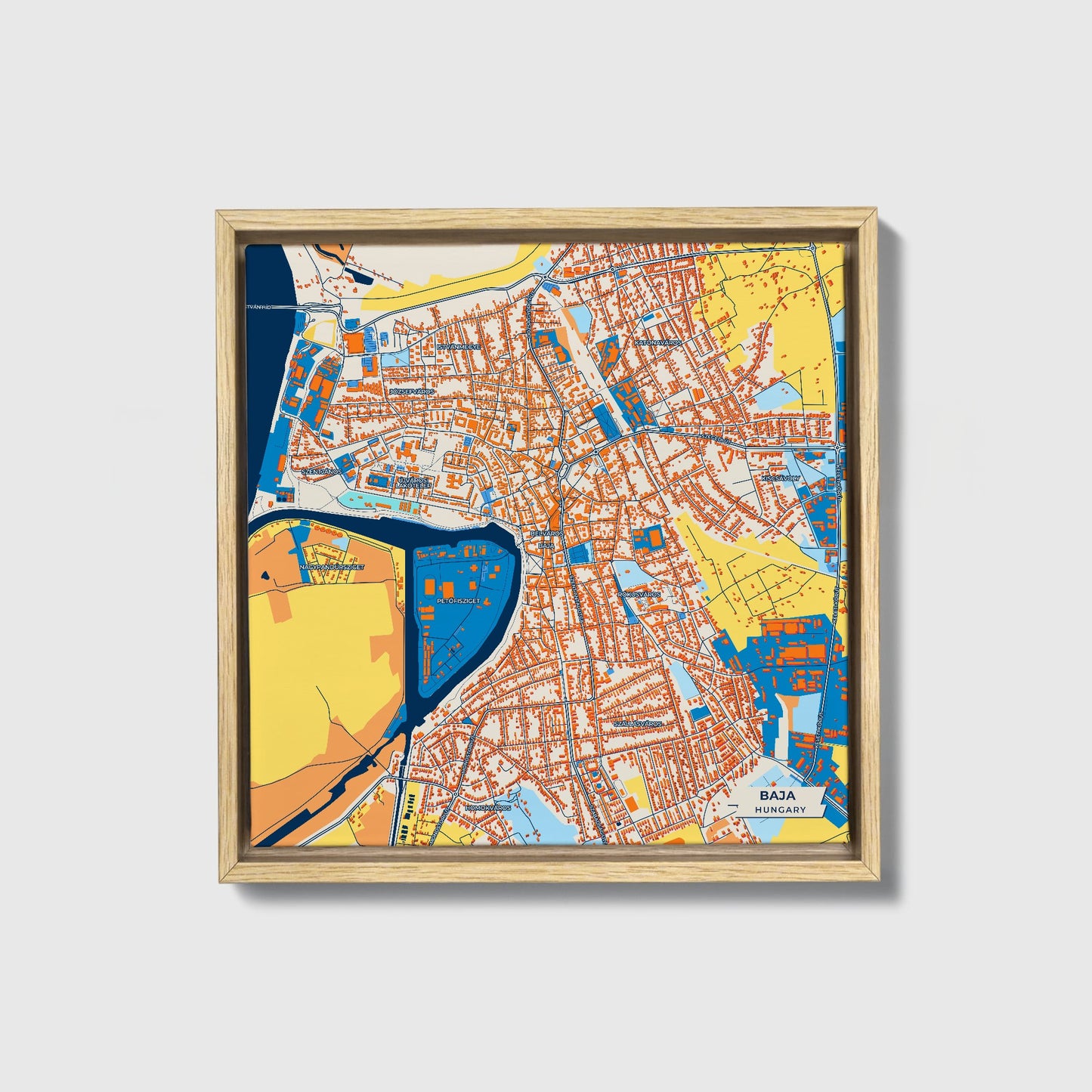 Baja Hungary Colorful City Map Canvas Print • Natural Wooden Framed