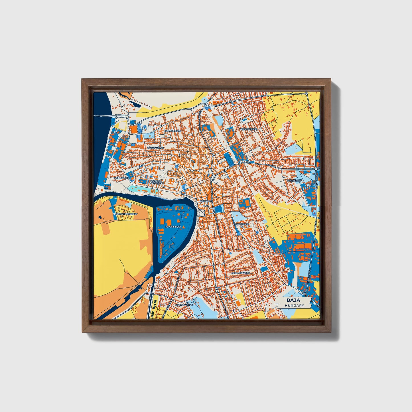 Baja Hungary Colorful City Map Canvas Print • Dark Wooden Framed