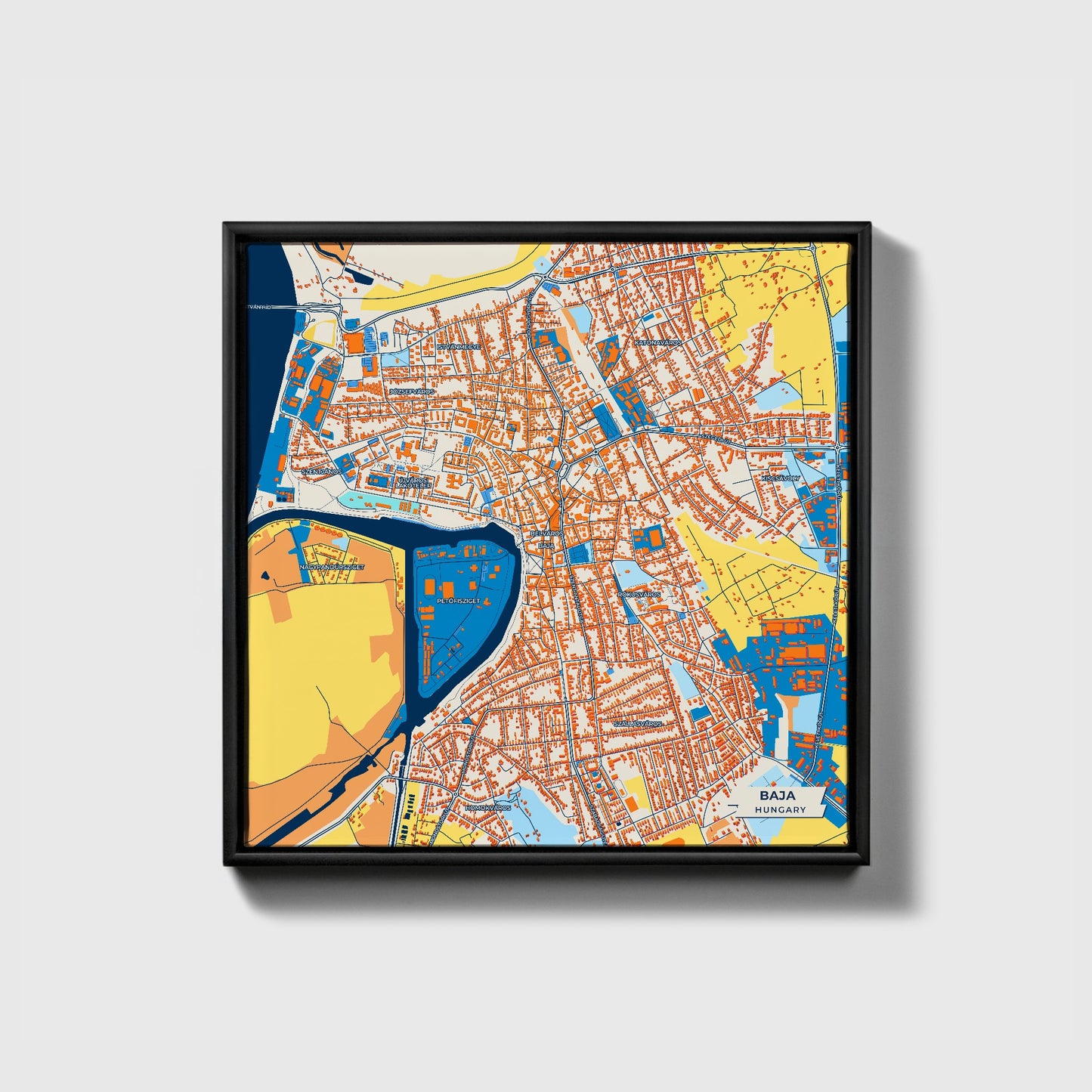 Baja Hungary Colorful City Map Canvas Print • Black Framed