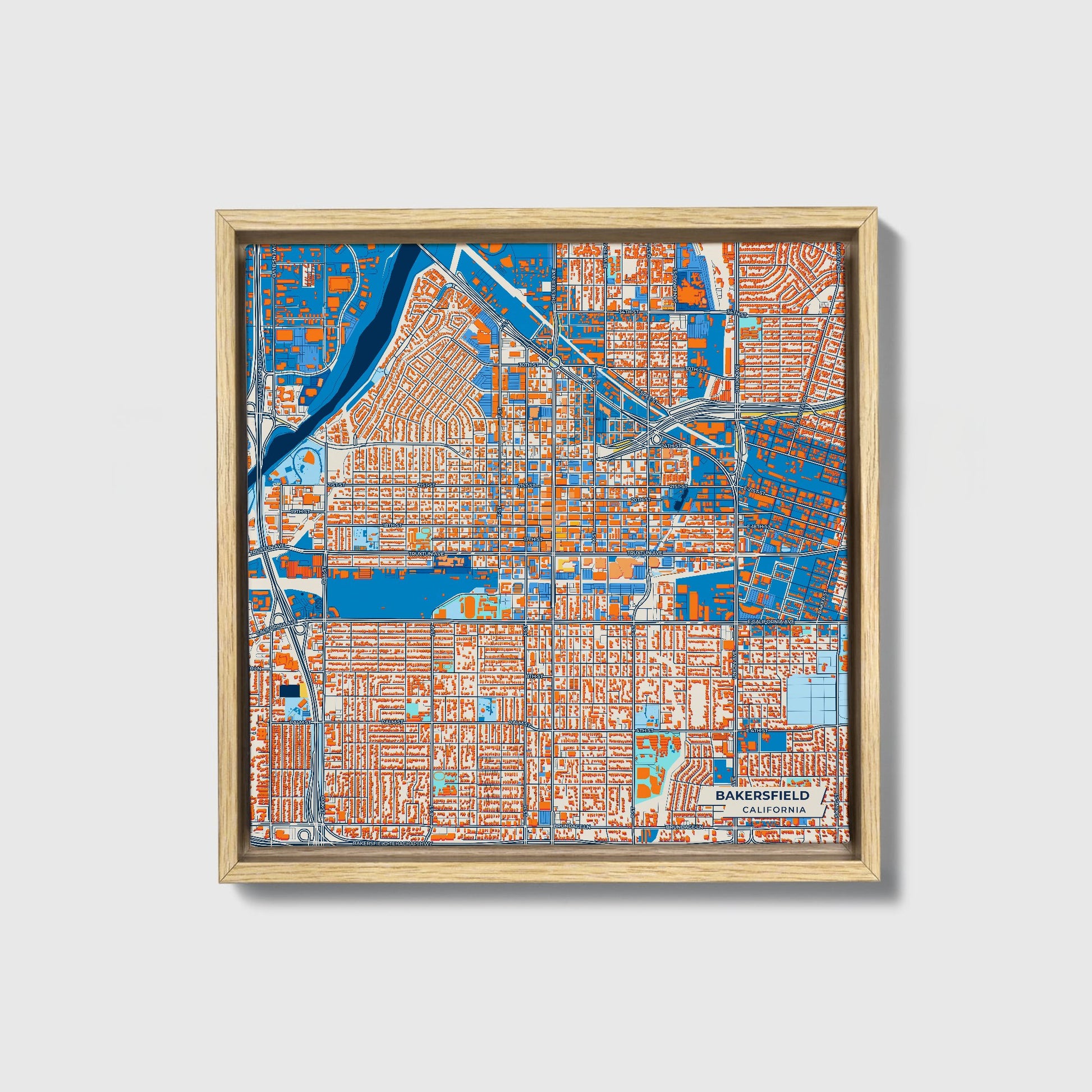 Bakersfield California Colorful City Map Canvas Print • Natural Wooden Framed