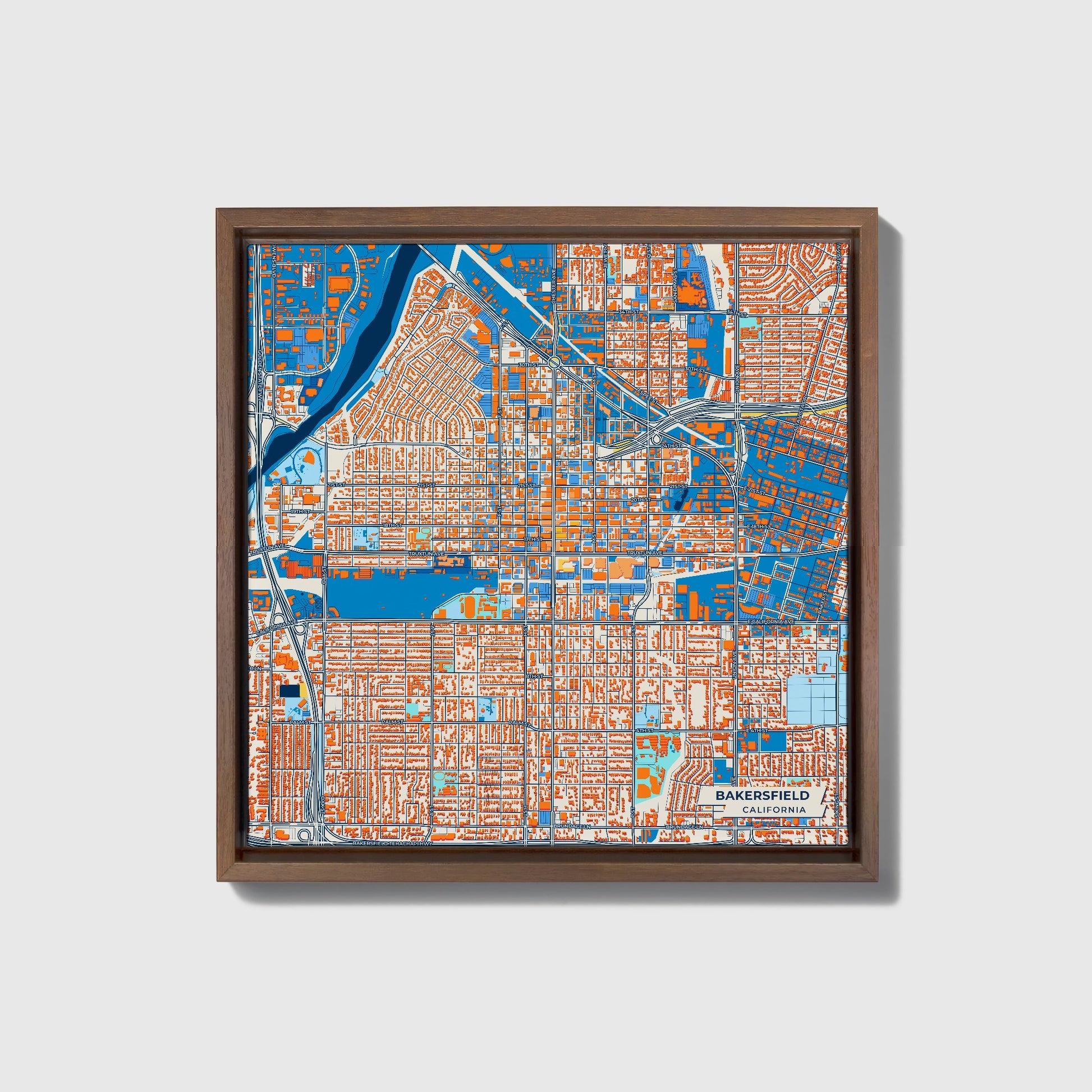 Bakersfield California Colorful City Map Canvas Print • Dark Wooden Framed