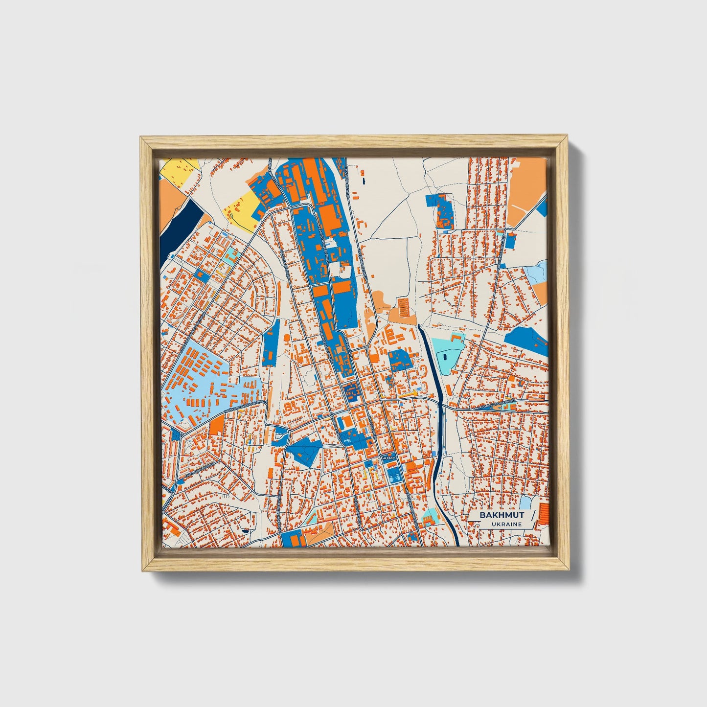 Бахмут Ukraine Colorful City Map Canvas Print • Natural Wooden Framed