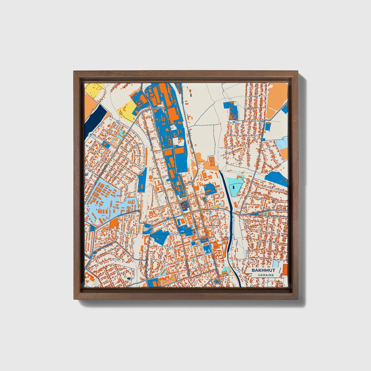 Бахмут Ukraine Colorful City Map Canvas Print • Dark Wooden Framed