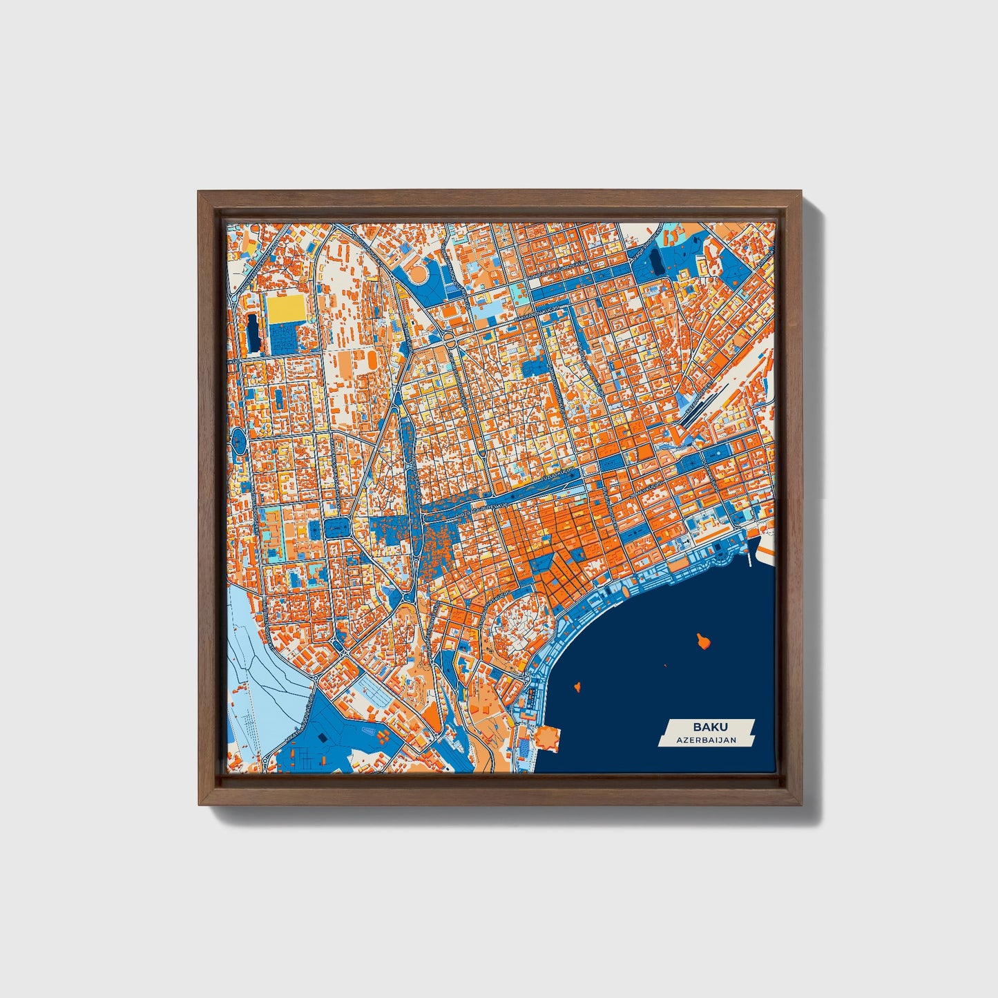 Baku Azerbaijan Colorful City Map Canvas Print • Dark Wooden Framed