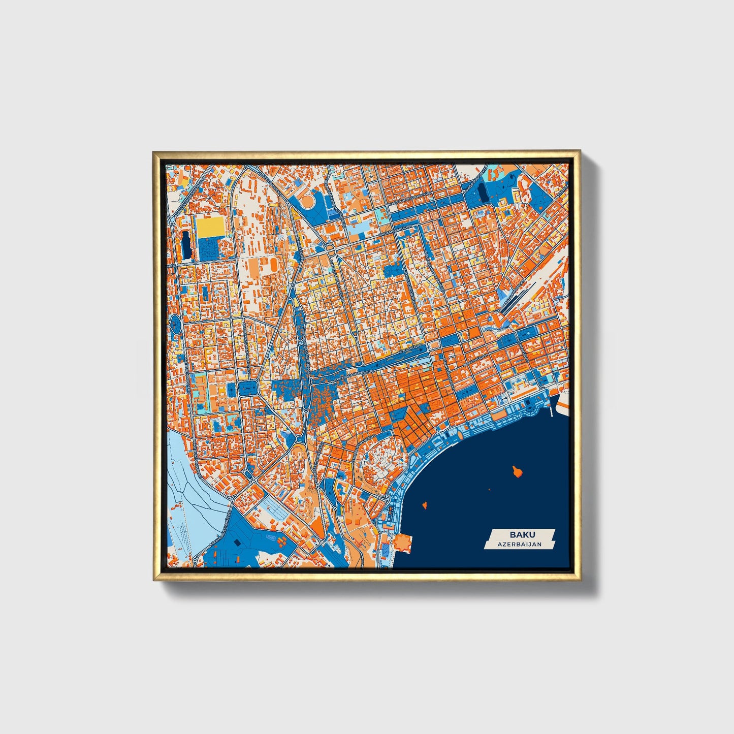 Baku Azerbaijan Colorful City Map Canvas Print • Gold Framed