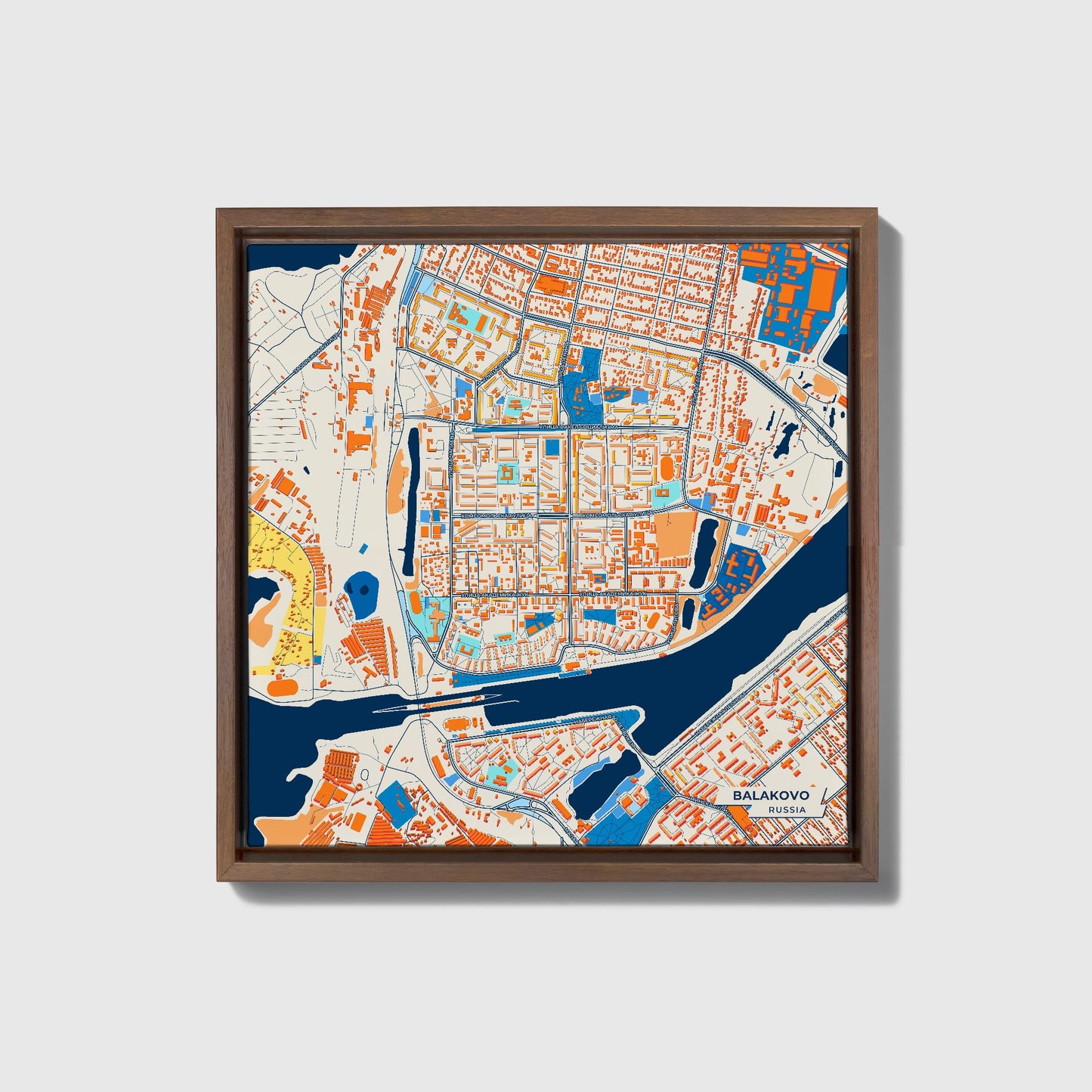 Балаково Russia Colorful City Map Canvas Print • Dark Wooden Framed