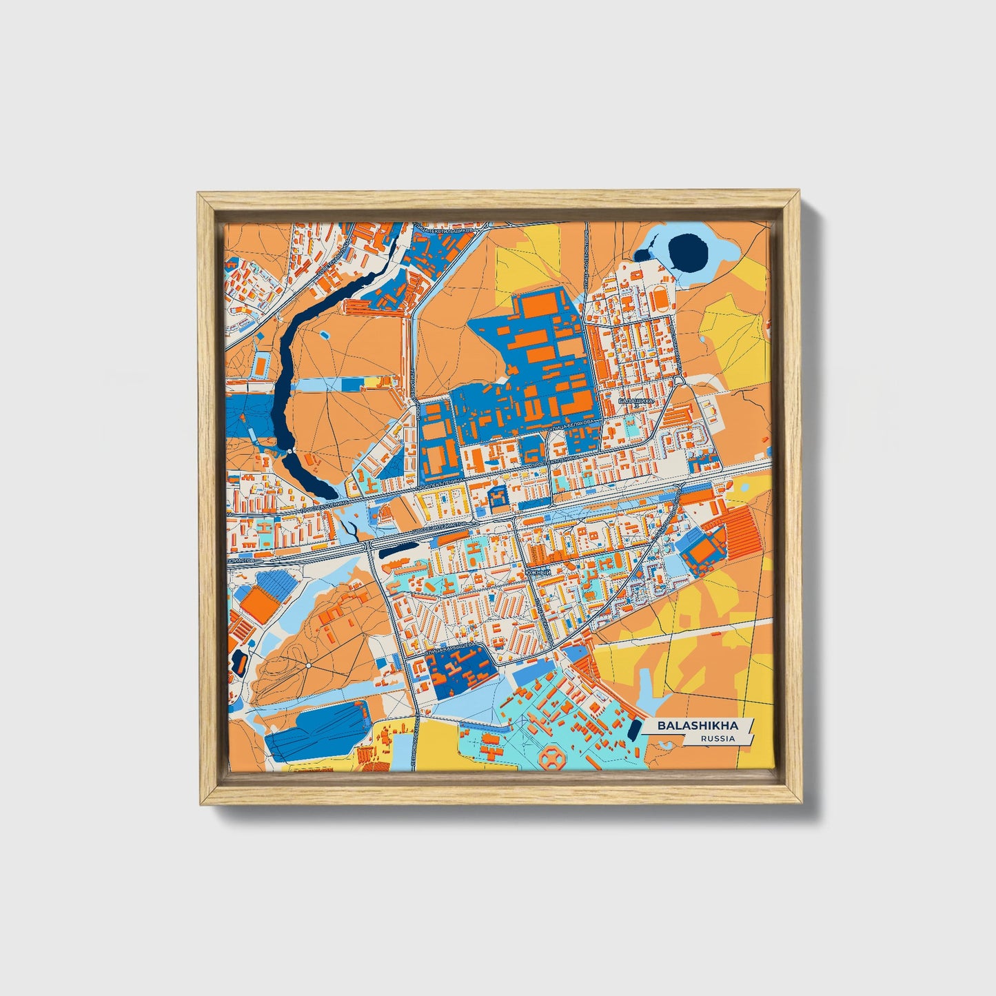 Балашиха Russia Colorful City Map Canvas Print • Natural Wooden Framed