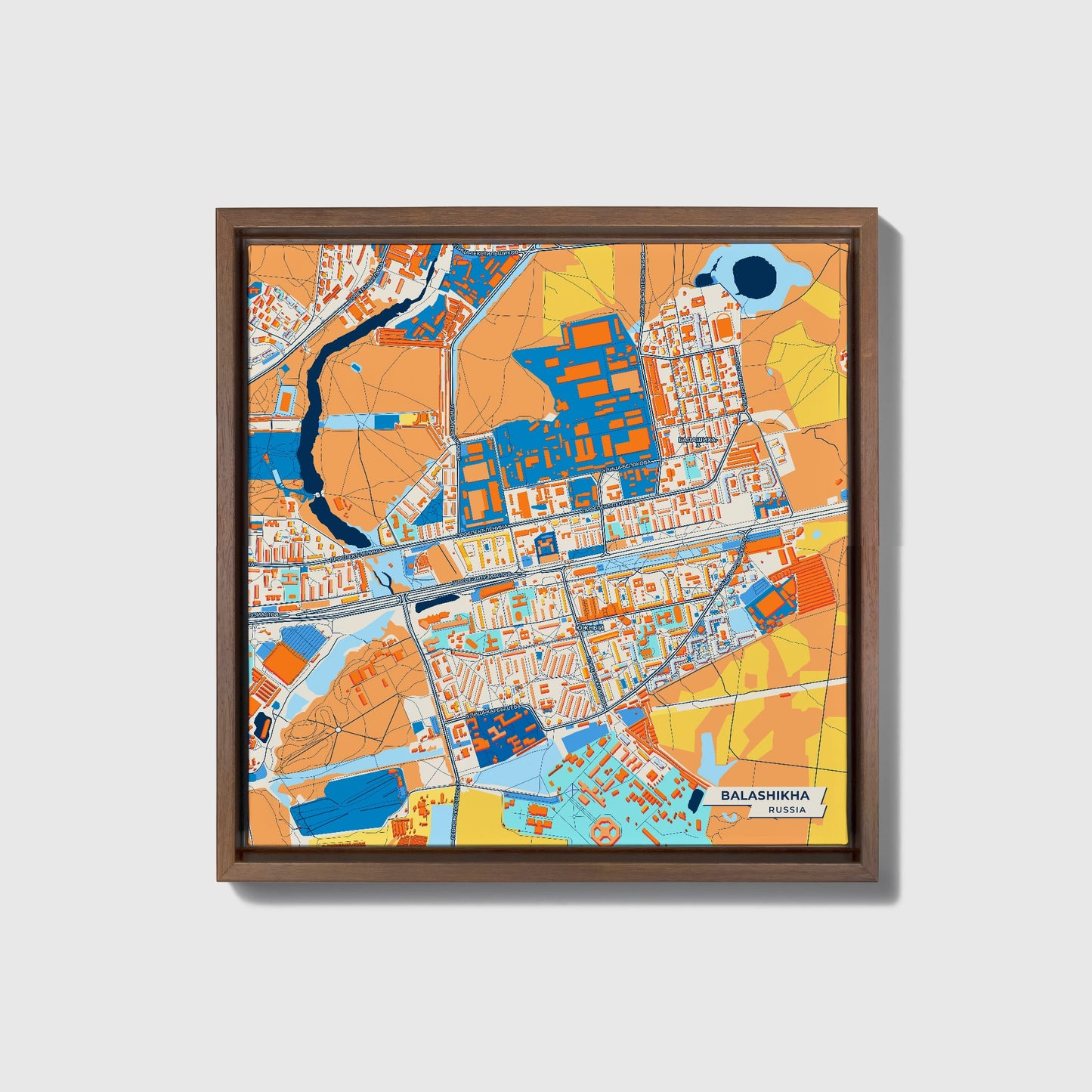 Балашиха Russia Colorful City Map Canvas Print • Dark Wooden Framed