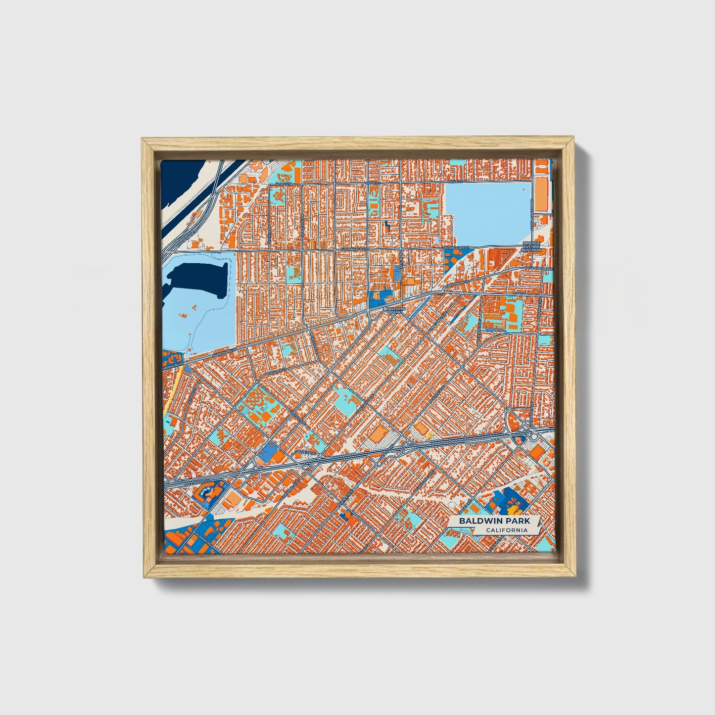 Baldwin Park California Colorful City Map Canvas Print • Natural Wooden Framed