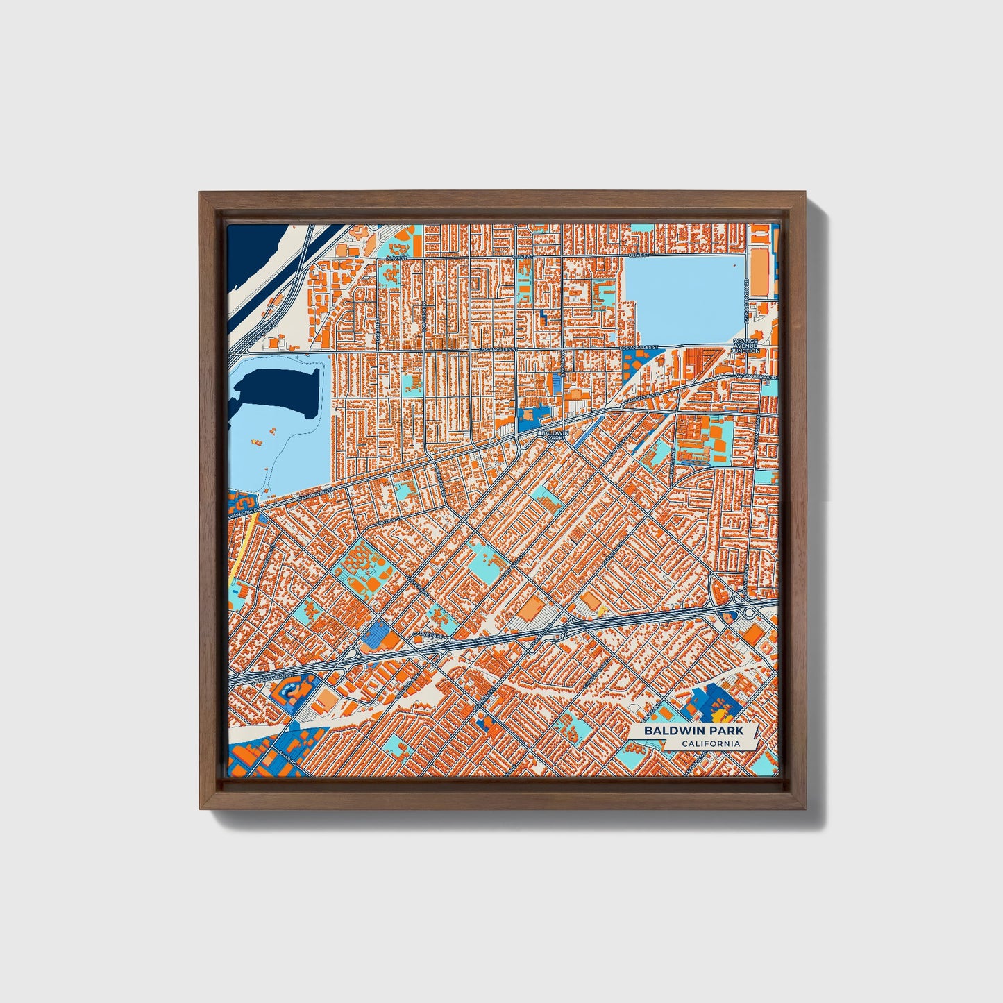 Baldwin Park California Colorful City Map Canvas Print • Dark Wooden Framed