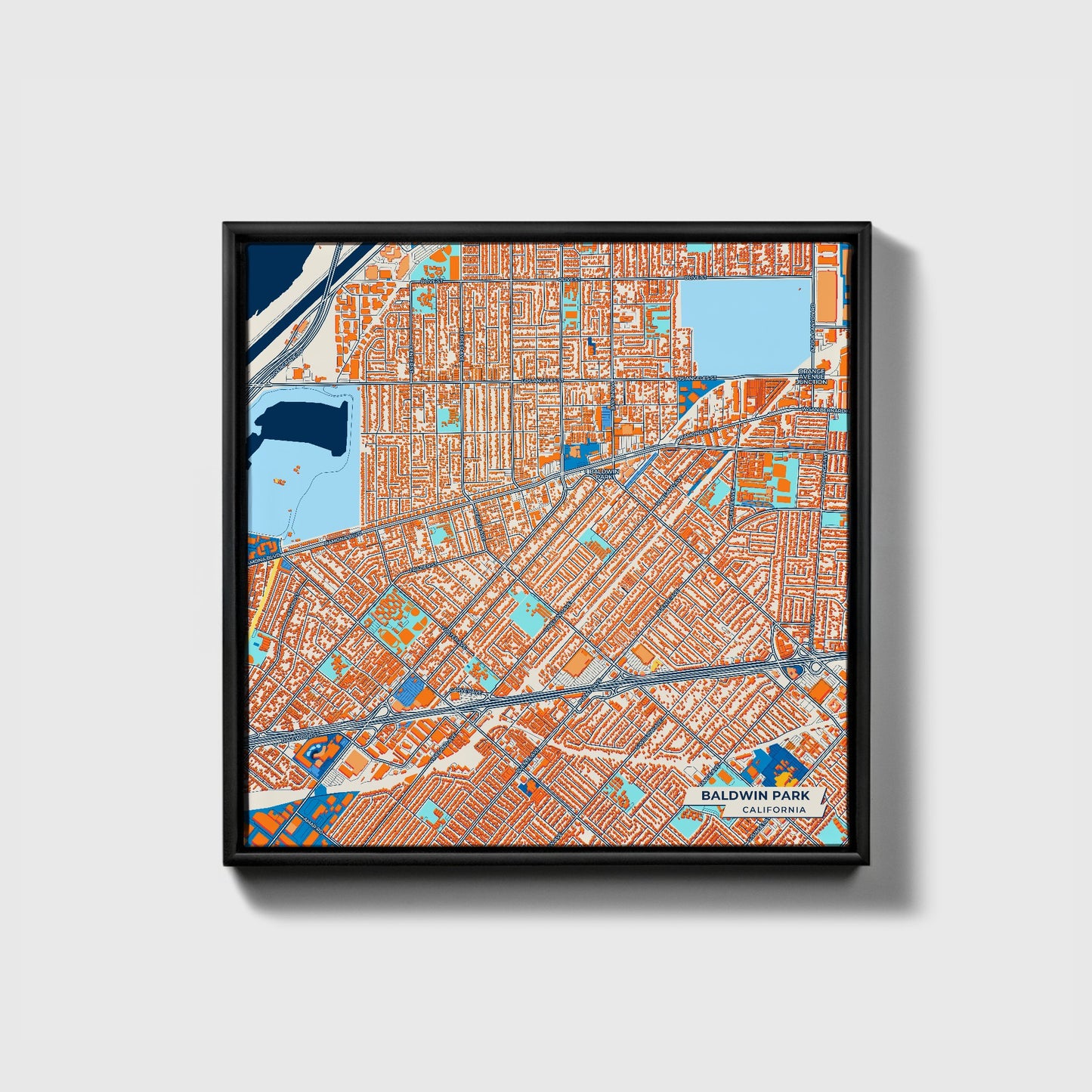 Baldwin Park California Colorful City Map Canvas Print • Black Framed