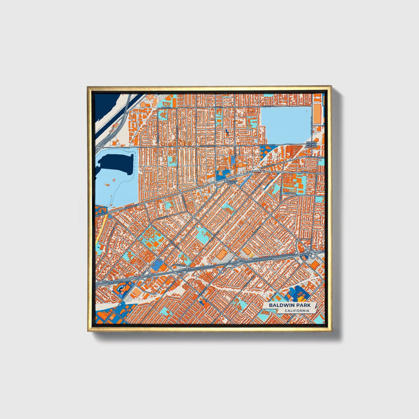Baldwin Park California Colorful City Map Canvas Print • Gold Framed