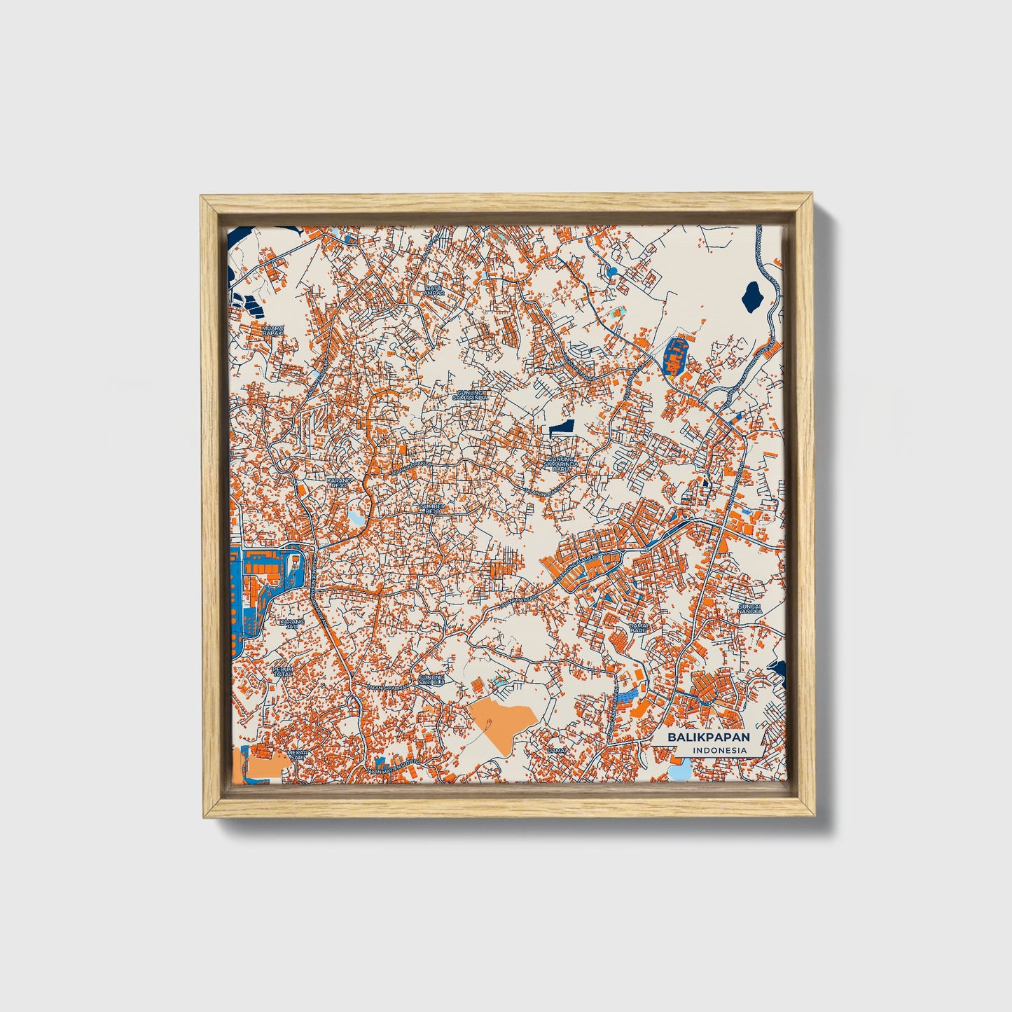 Balikpapan Indonesia Colorful City Map Canvas Print • Natural Wooden Framed