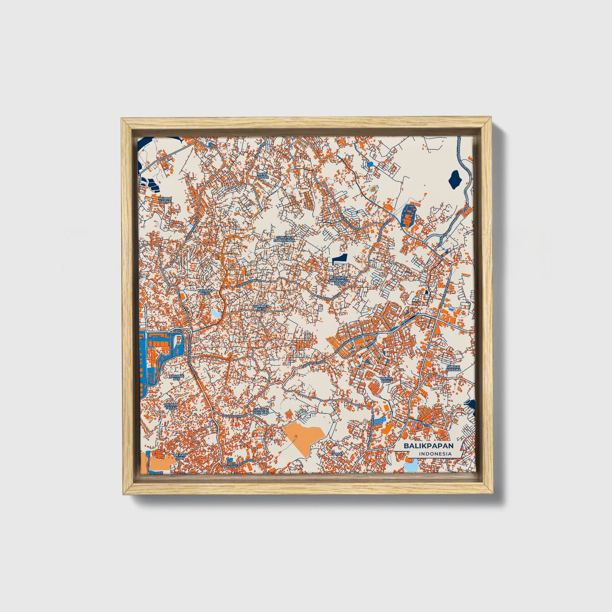 Balikpapan Indonesia Colorful City Map Canvas Print • Natural Wooden Framed