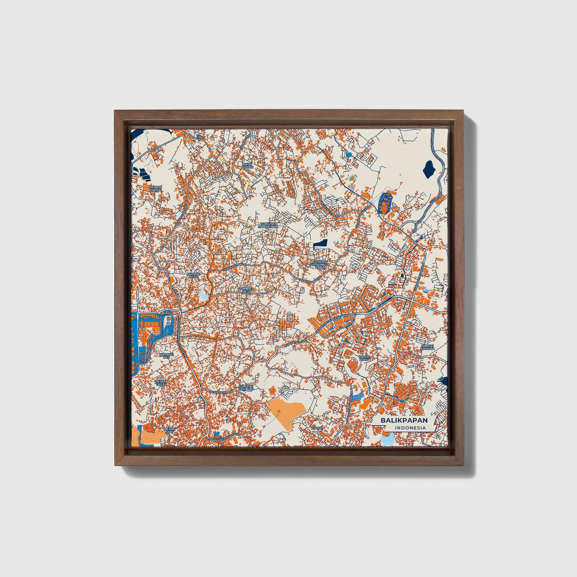 Balikpapan Indonesia Colorful City Map Canvas Print • Dark Wooden Framed