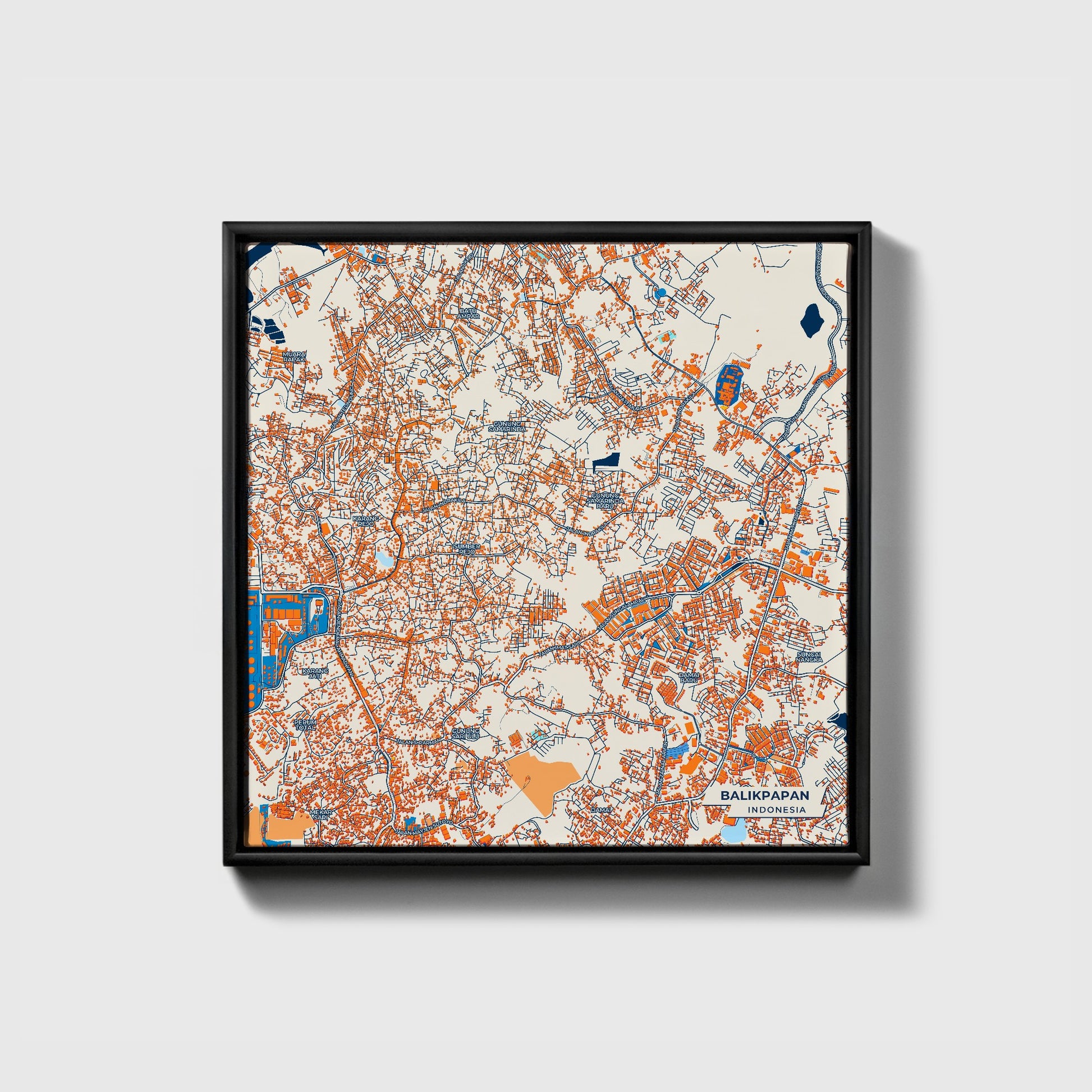 Balikpapan Indonesia Colorful City Map Canvas Print • Black Framed