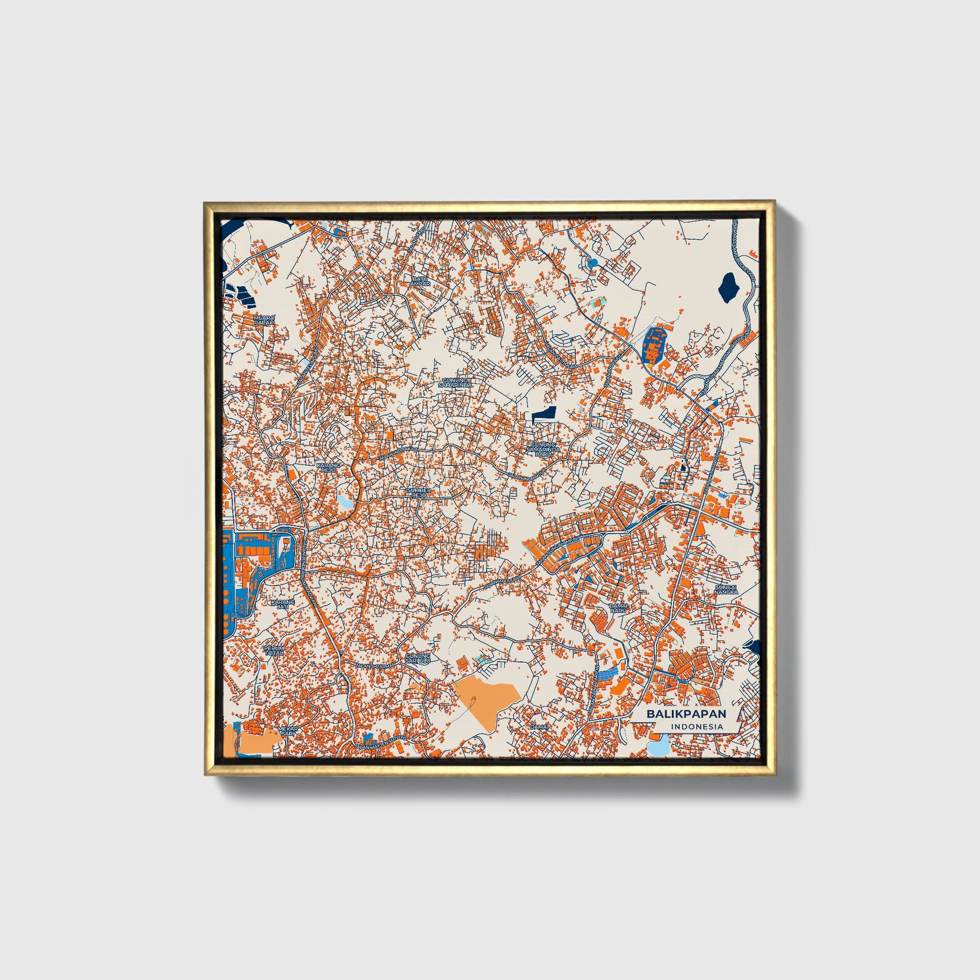 Balikpapan Indonesia Colorful City Map Canvas Print • Gold Framed