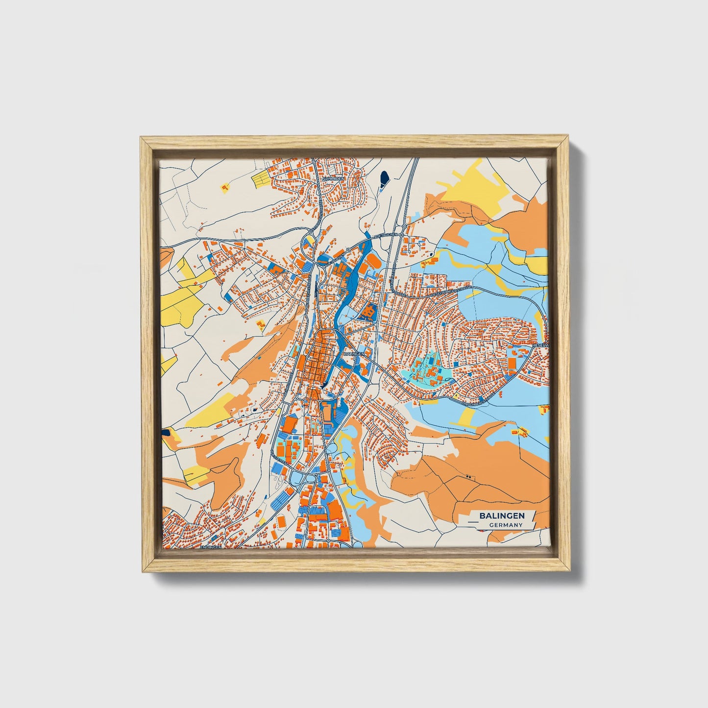 Balingen Germany Colorful City Map Canvas Print • Natural Wooden Framed