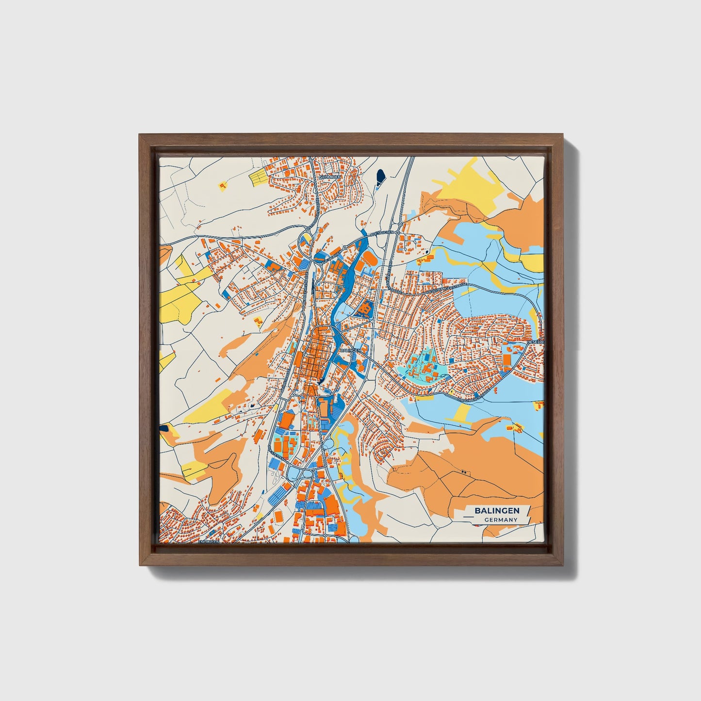Balingen Germany Colorful City Map Canvas Print • Dark Wooden Framed