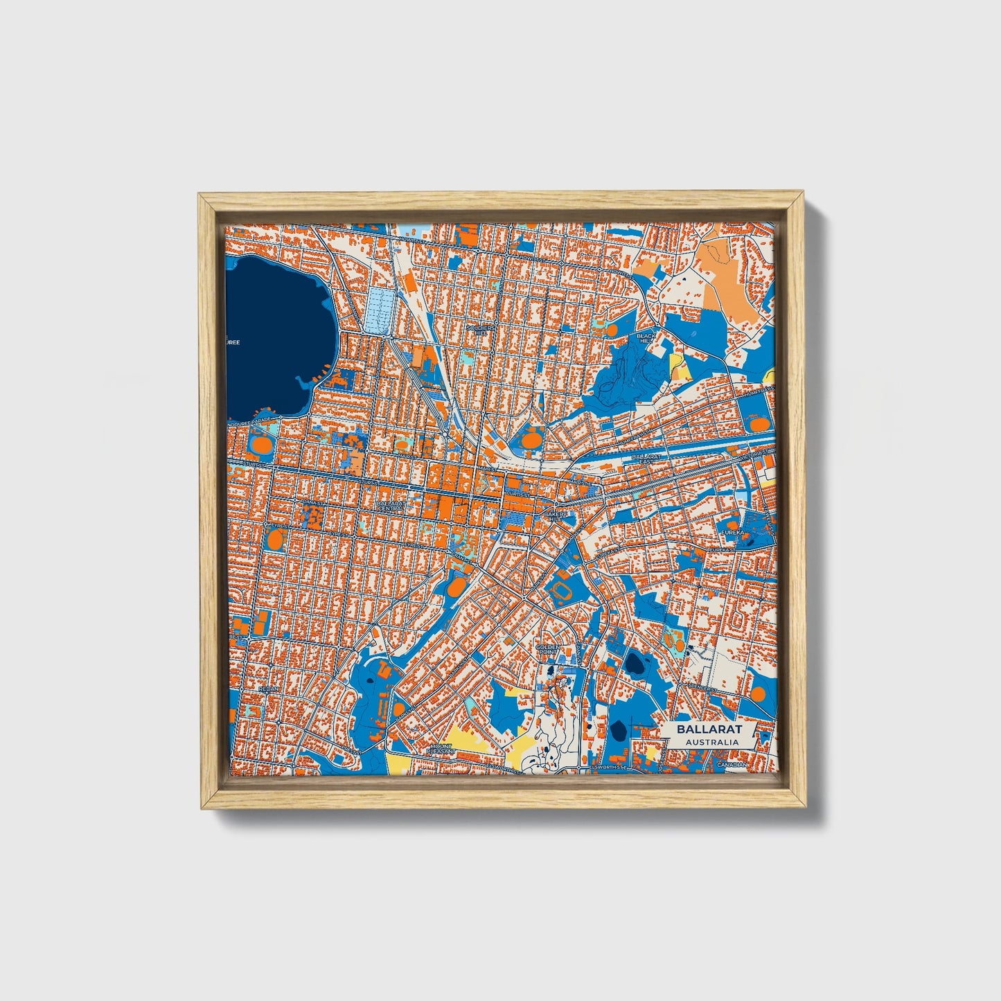 Ballarat Australia Colorful City Map Canvas Print • Natural Wooden Framed