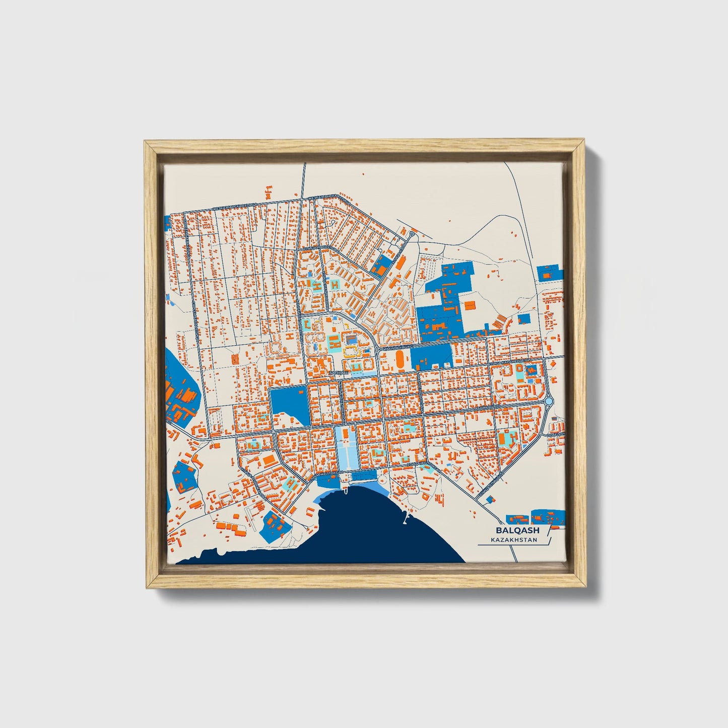 Balqash Kazakhstan Colorful City Map Canvas Print • Natural Wooden Framed