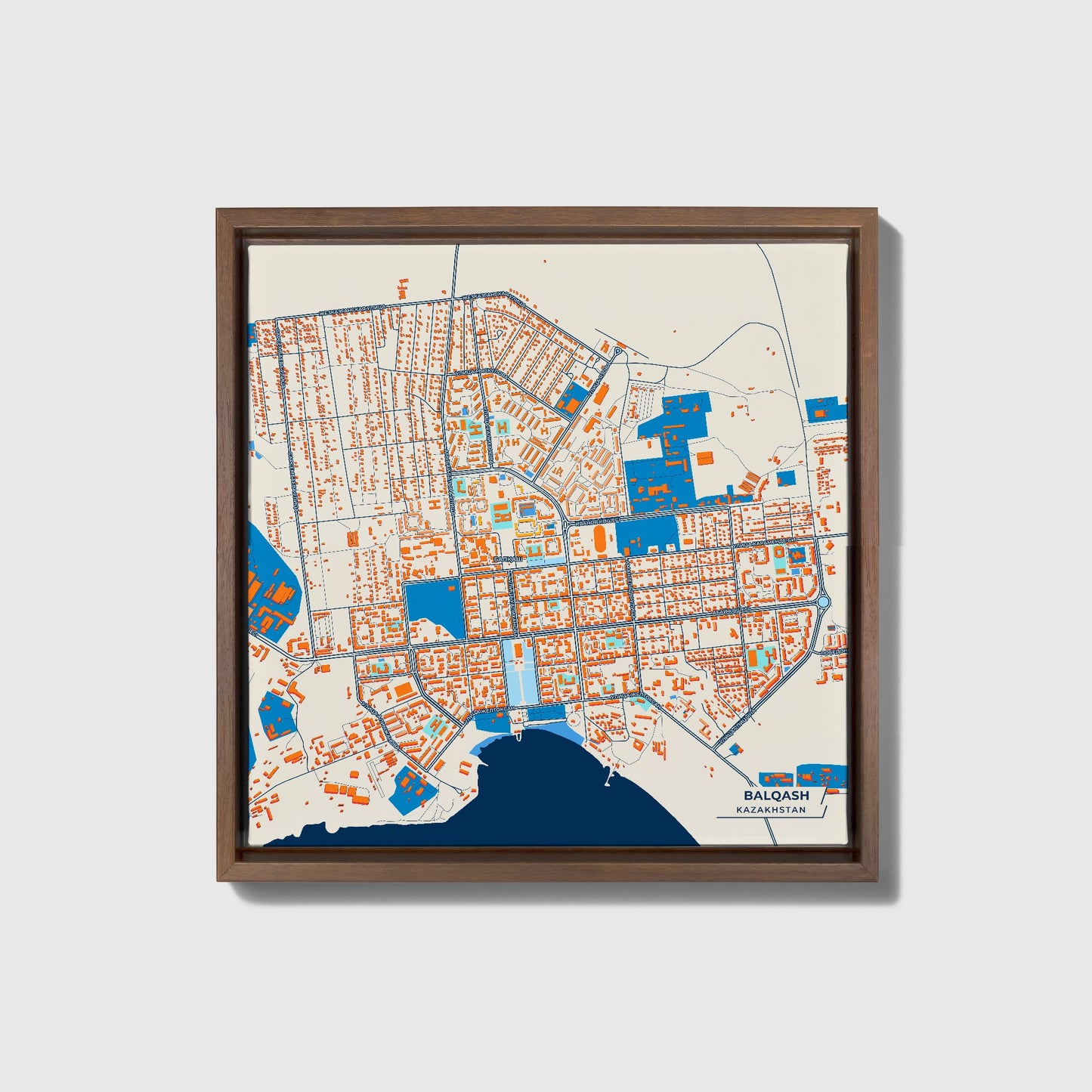 Balqash Kazakhstan Colorful City Map Canvas Print • Dark Wooden Framed